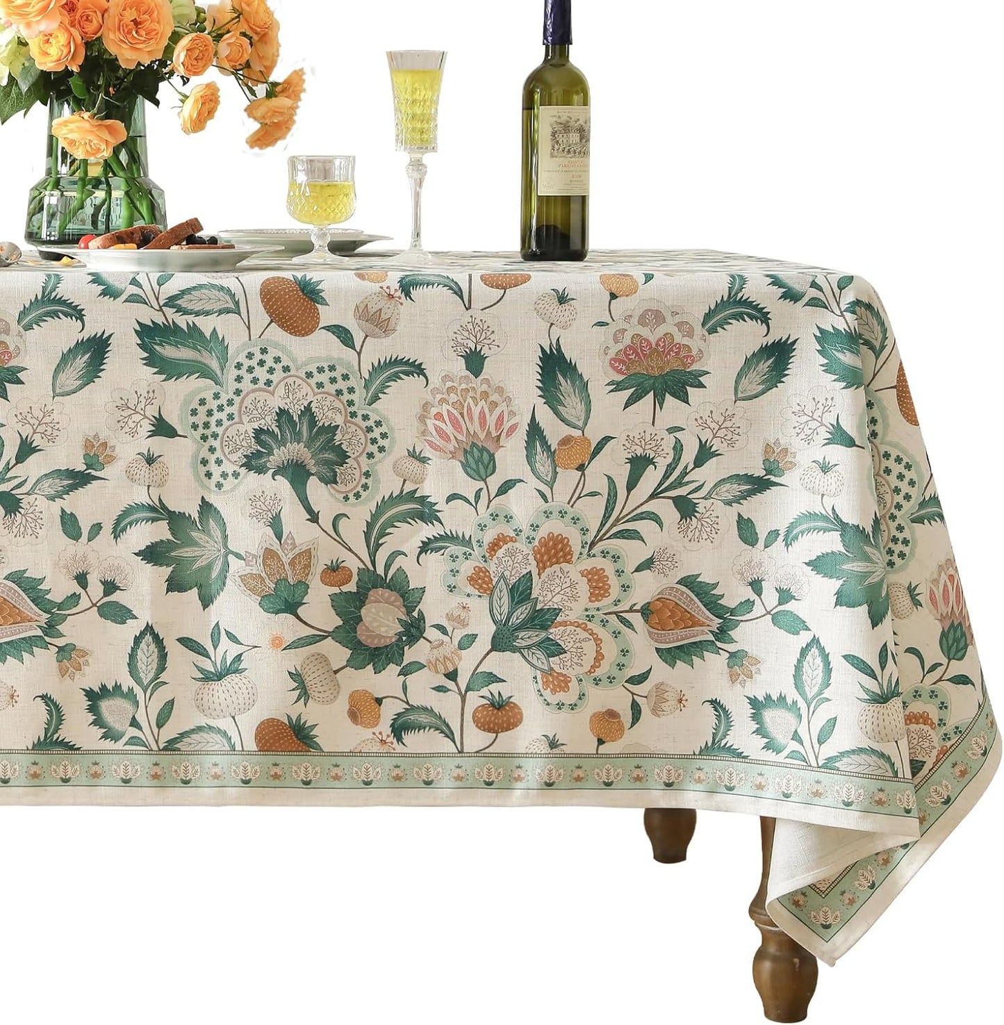 patdrea Designer Linen Green Small Cloth for Rectangle Table,Vintage Italian Floral Country Linen Tablecloth,Decor Cover for Kitchen Dining,Christmas,Thanksgiving,Tea Party,55"x71"-Tree Life