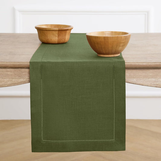 Solino Home Linen Olive Table Runner 144 Inches Long - 100% Pure Linen Extra Long Table Runner 14 x 144 Inch for Fall, Autumn, Thanksgiving - Classic Hemstitch