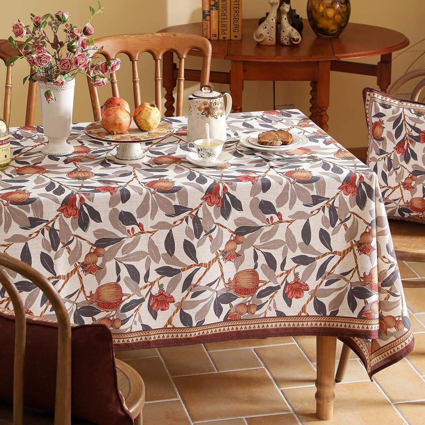 patdrea Designer Vintage Long Rectangle Tablecloth,Linen Pomegranates and Leaves Pattern Tablecloths,Fall Table Cover Cloth Decor for Kitchen Dining Christmas,Thanksgiving,63"x94"-Tehran a