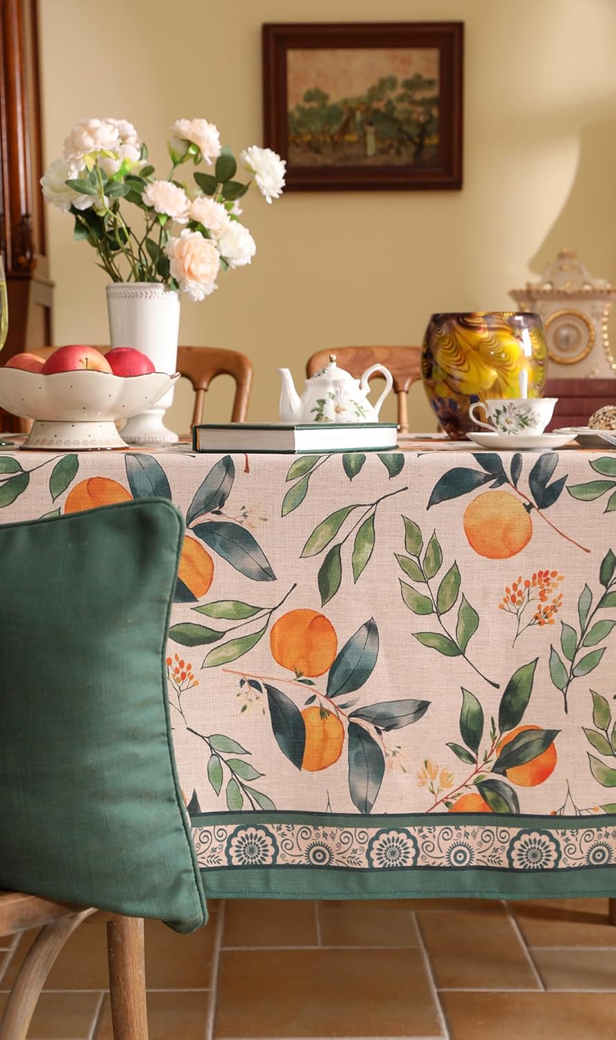 patdrea Designer Vintage Linen Rectangle Table Cloth,Framhouse Oranges and Leaves Pattern French Tablecloth,Fall Decor Cover for Kitchen Dining Christmas,Thanksgiving,55"x79"-Palladin a