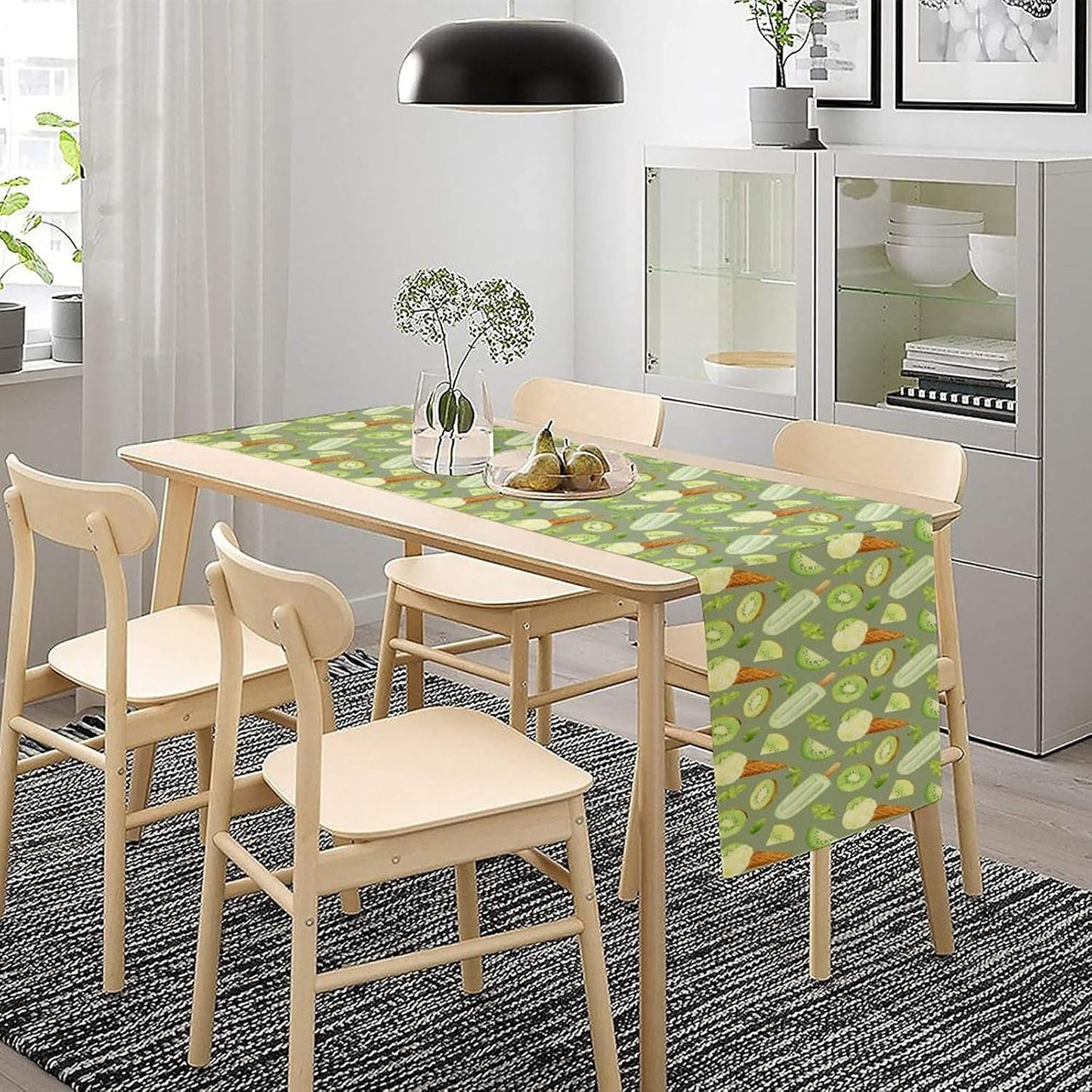 Summer Ice Cream Popsicles Table Runner, Watercolor Green Kiwi Seasonal Fruit Sweet Dessert Dinner Runner for Party Holiday Home Kitchen Dining Table Decor 13"x70"