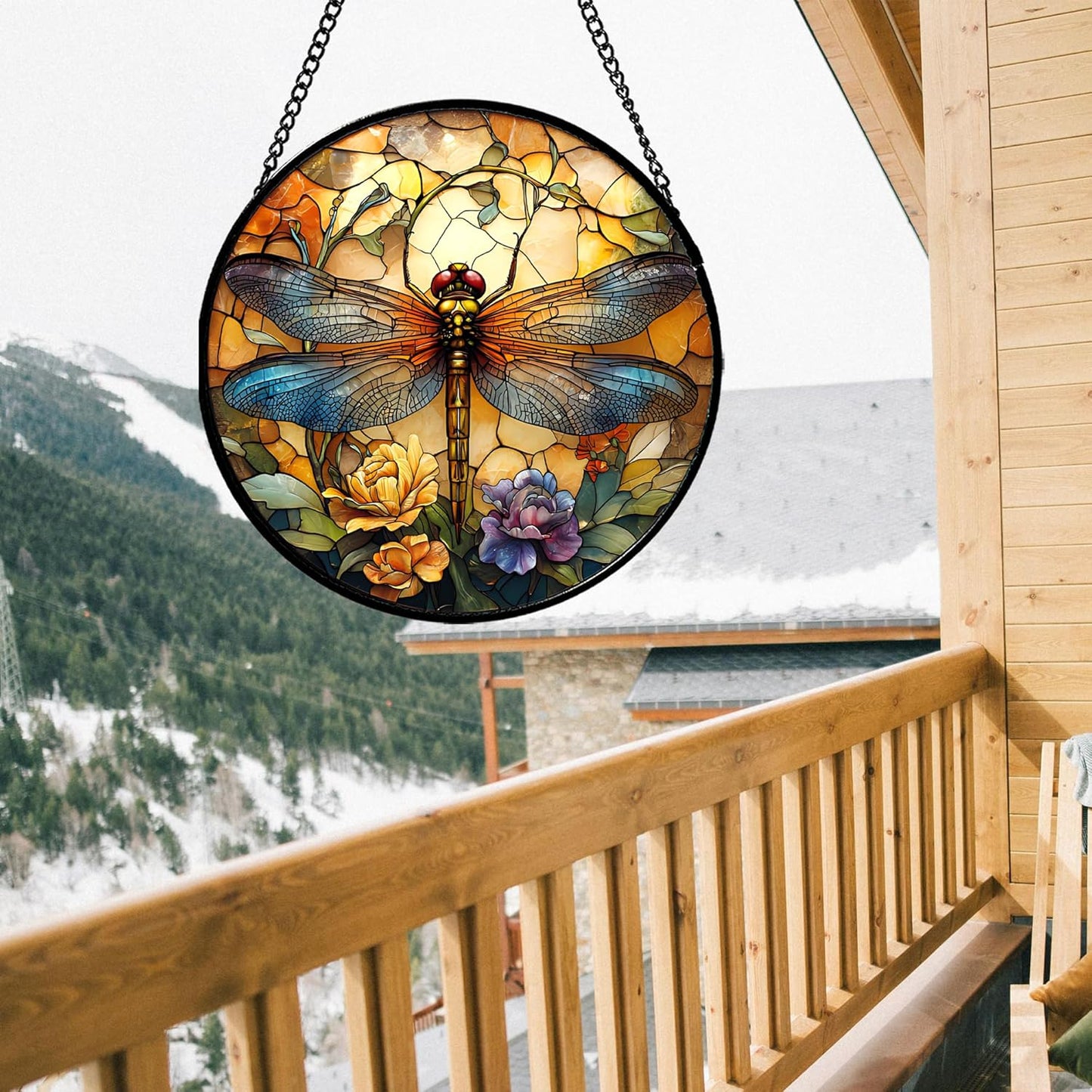 Stained Glass Window Hanging - Orange Blue Dragonfly Flower Suncatcher for Doors Window Home Sun Catchers Decor Christmas Mother's Day Birthday Outdoor Gifts for Women Men Mom Nana 7.8 in