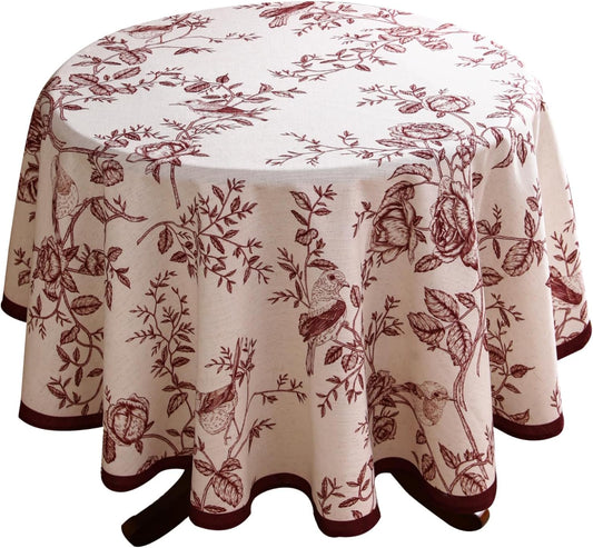 ISAENNE Designer Vintage Linen Round Tablecloth,Red Floral Pattern Linen Stain Resistant Table Cloth,Decor Tablecloths for Dining Thanksgiving Kitchen Christmas,Diameter 67"-Harmony