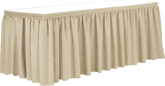 Ultimate Textile Pleat Polyester Fabric Table Skirt - Machine Washable Flame Resistant with Clips for Events, Weddings & Trade Shows, Cut & Sewn in Paterson, NJ - Tan, 17' Shirred Pleat