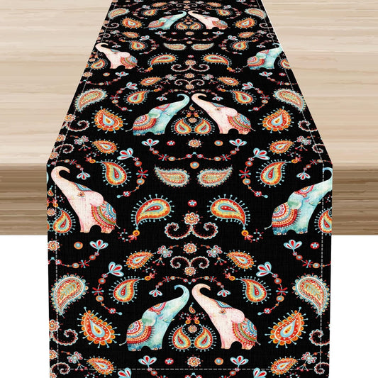 Boho Table Runner, Indian Bohemian Elephant Mandala Paisley Floral Hippie Art Print Table Center Decor for Home Kitchen Dining Patio Holiday Party Indoor Outdoor Table Decorations, 13"x90" Inch
