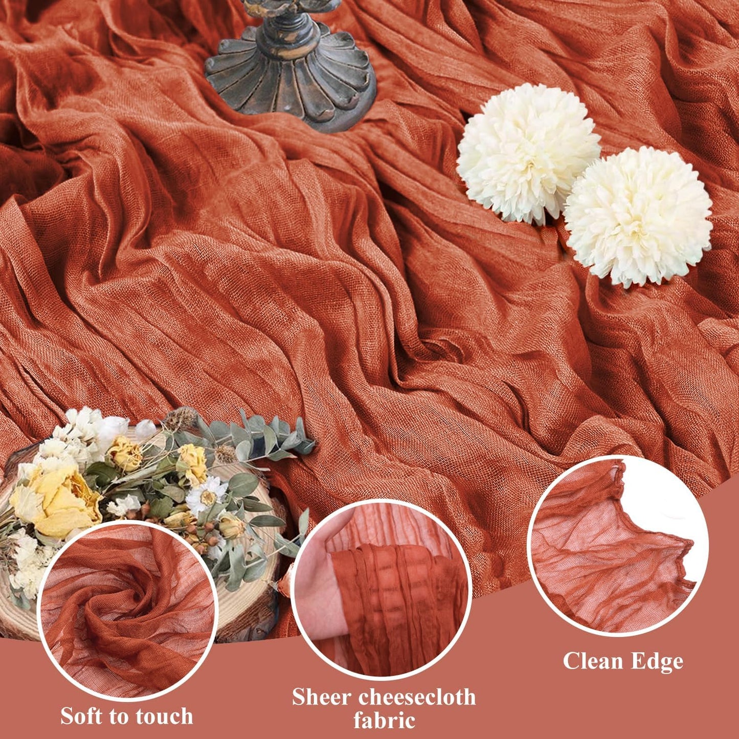Asee'm Cheesecloth Table Runner 120 Inches Long Terracotta Boho Gauze Cheese Cloth Runner 10FT Rustic Sheer Fall Table Runners for Thanksgiving Christmas Wedding Party Baby Shower Decoration