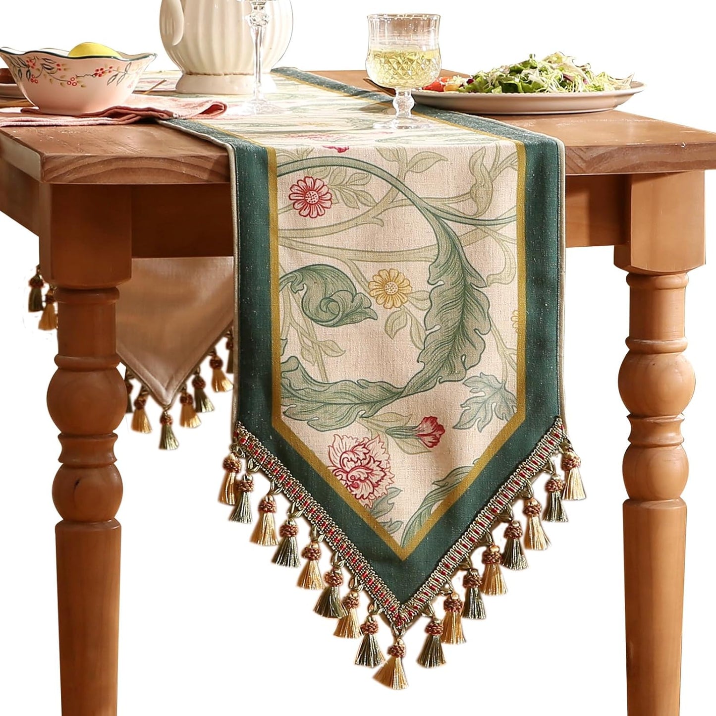patdrea Designer Green Floral Table Runner,French Elegant Vibrant Rustic Linen with Green Leaves Patterns Fabric Table Mat,Decoration for Kitchen Dining Room Banquet Christmas,12"*102"
