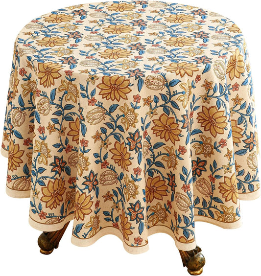 ISAENNE Designer Bohemian Floral Round Tablecloth,Linen Colorful Table Cloth,Wrinkle Resistant Decor Tablecloths for Dining Thanksgiving Kitchen Party Christmas,Diameter 67"-Estevan B