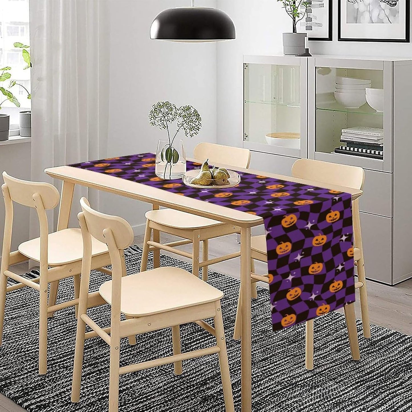 Halloween Table Runner,Purple Checkered Pumpkin Table Runner for Kitchen Dining Table Decoration Home Party Decor 13x90 Inch