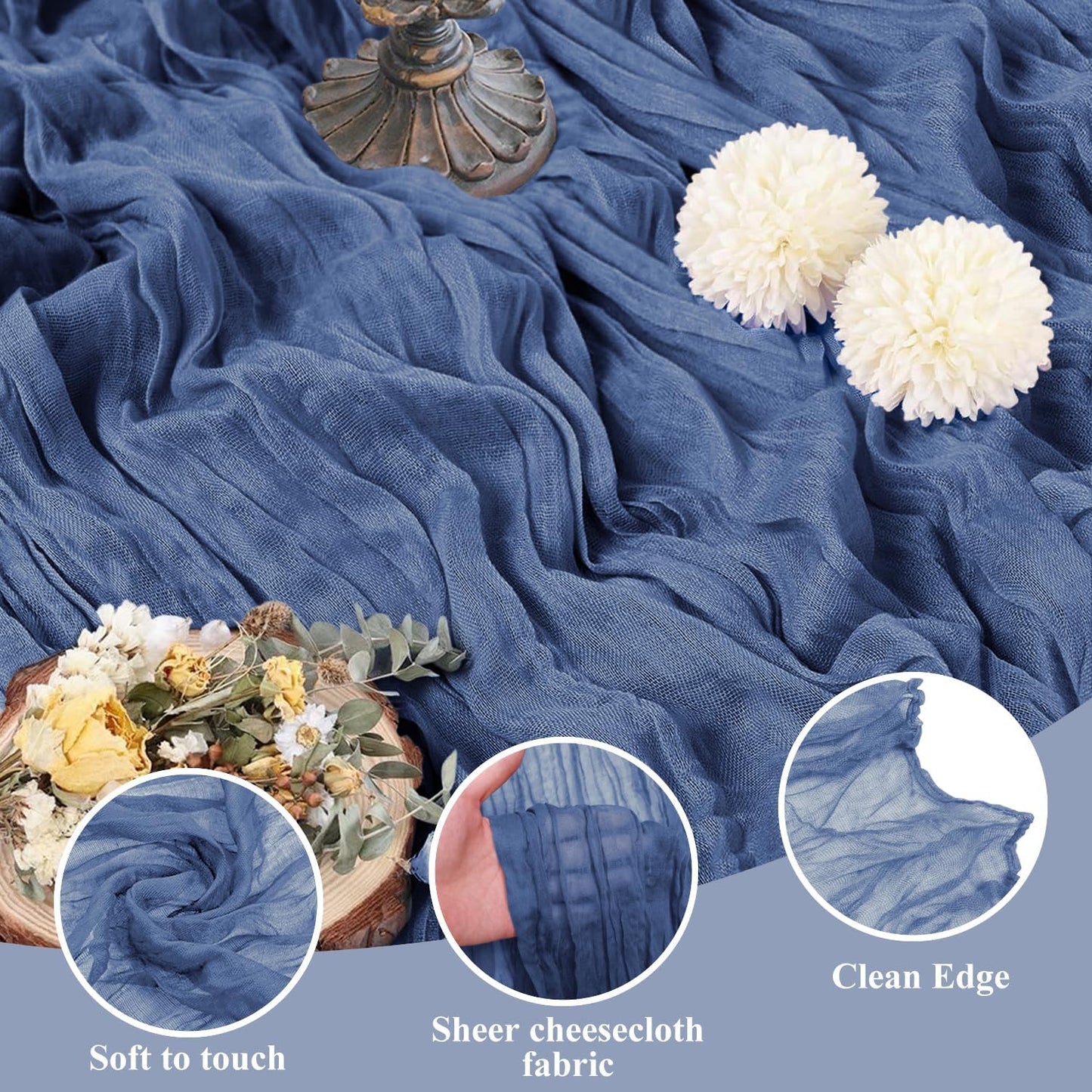 Asee'm 12pcs Cheesecloth Table Runner 120 Inches Long Blue Boho Gauze Cheese Cloth Runner 10FT Rustic Sheer Table Runners for Christmas Wedding Party Baby Shower Spring Easter Decoration