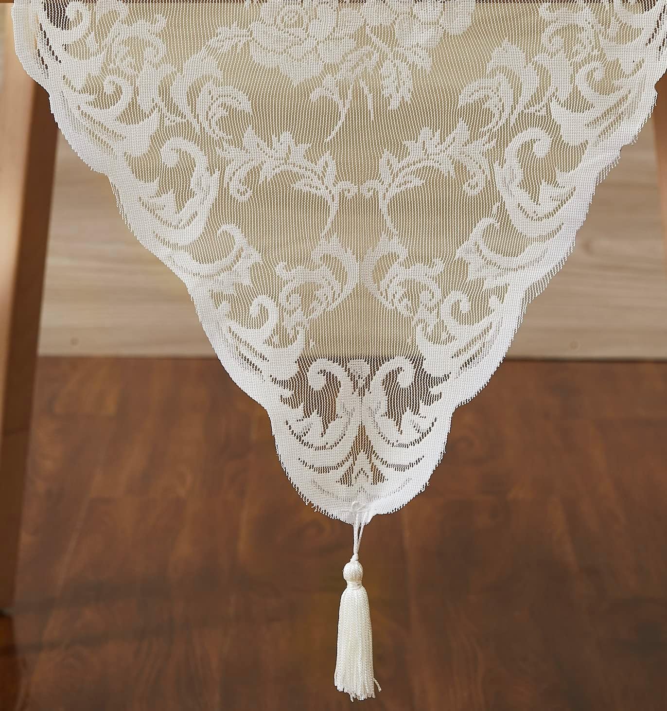 LinenZone Ivory Table Runner with 2 Tassels for Rustic Vintage Decor. Lace Table Runner Works Great As Wedding, Thanksgiving, Christmas Decor (Mia 14 x 96, Ivory)