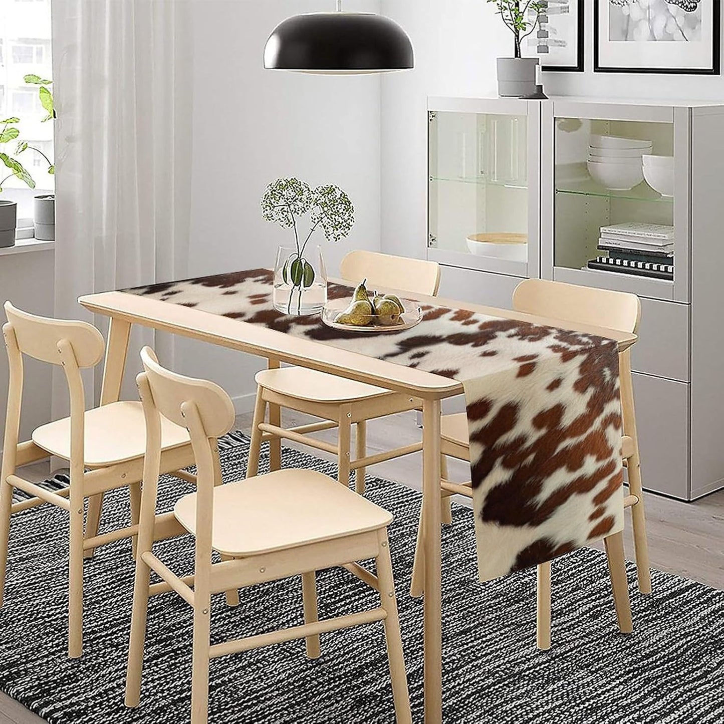 Farmhouse Cow Skin Print Table Runner, Safari Wildlife Brown Country Farm Cowhide Pattern Cotton Linen Rustic Cottage Table Runner for Dinning Home Party Holidays Home Setting, 13x60 Inch