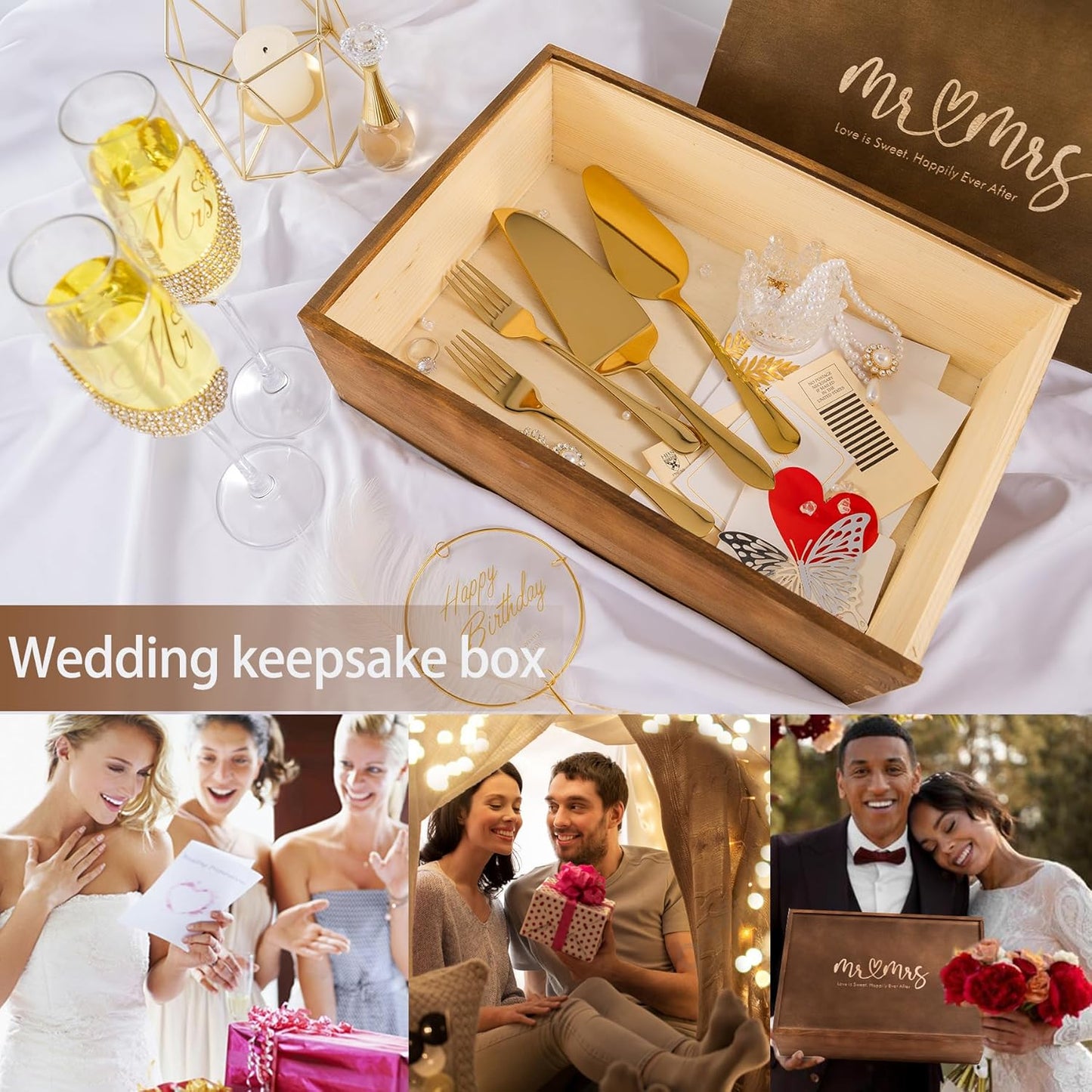 Wedding Cake Knife and Server Set, Gold Mr and Mrs Champagne Flutes and Cake Cutting Set for Wedding Bridal Shower Gifts (Gold)