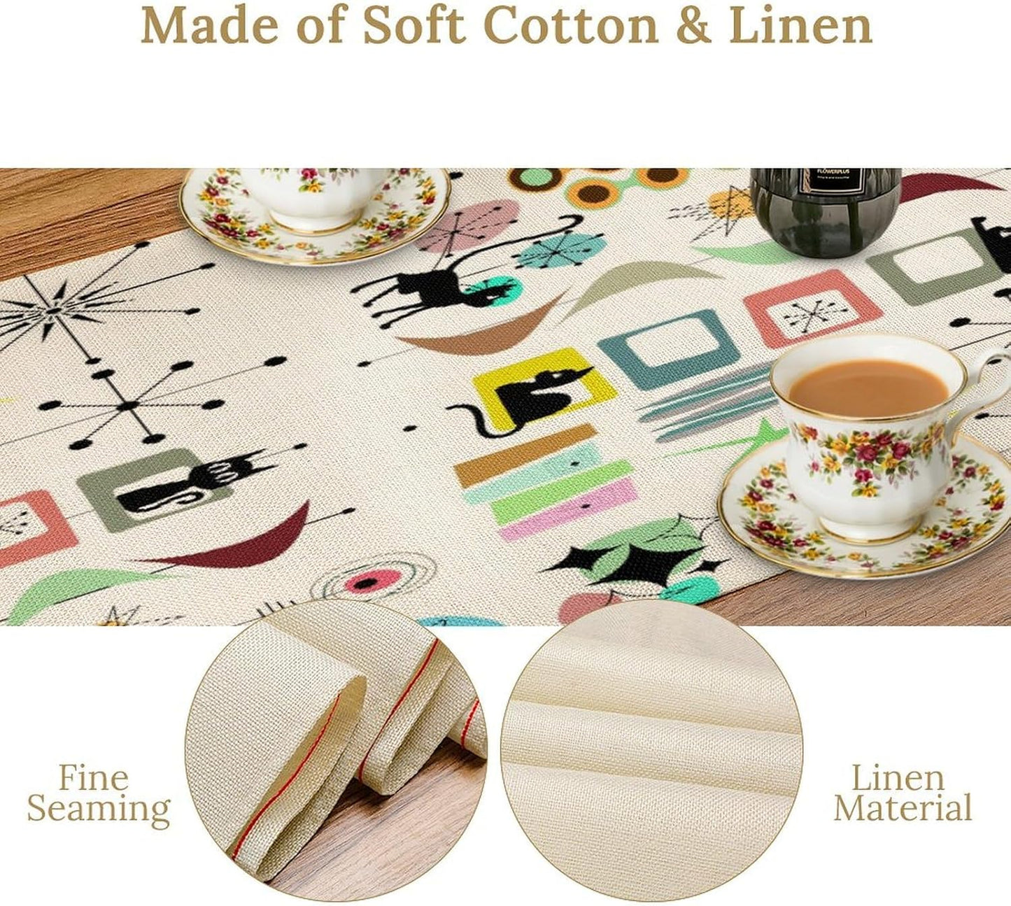 Colorful Geometric Table Runner,Vintage Mid Century Cute Cat Abstract Morden Print Tablecloth Burlap for Hotel Indoors Outdoor Dining Room Kitchen Home Decor, 13x108in