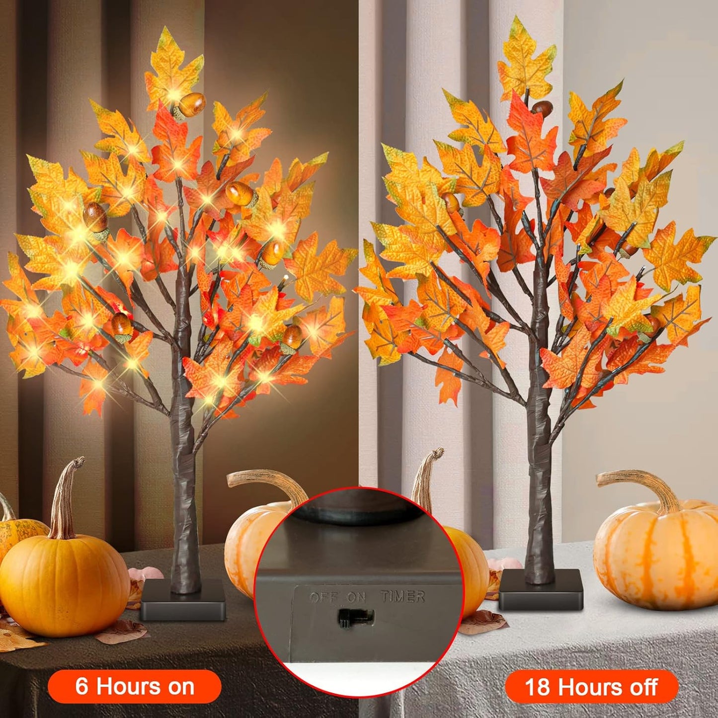 24 Inch Lighted Maple Tree with 36 Lights, 6 Acorn, Timer Battery Operated Tabletop Artificial Fall Tree for Thanksgiving Harvest Home Decor, Fall Table Centerpiece Decorations