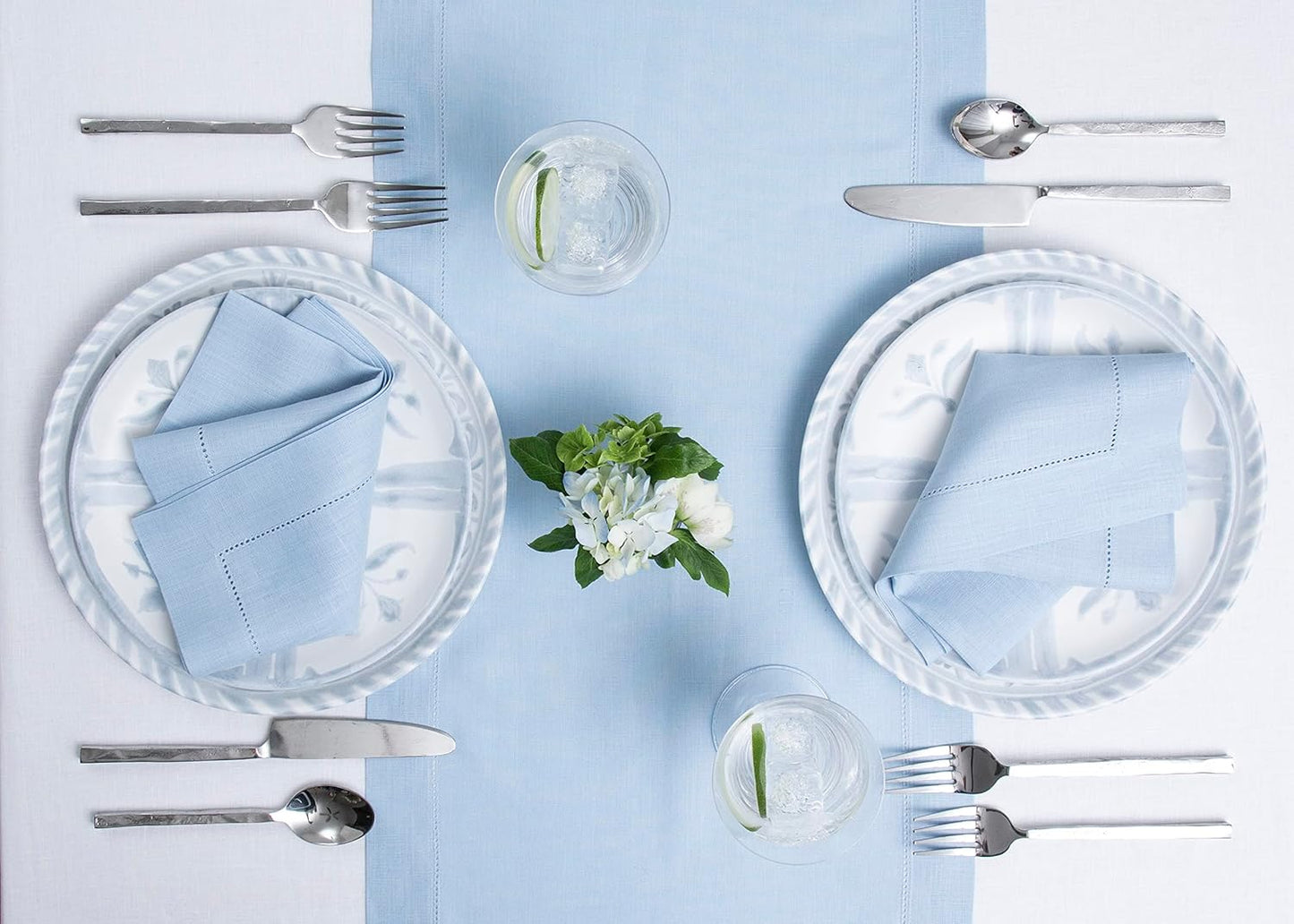 Solino Home Linen Sky Blue Table Runner 120 Inches Long - 100% Pure Linen Hemstitch 14 x 120 Inch Table Runner for Dining, Holiday - Classic Hemstitch