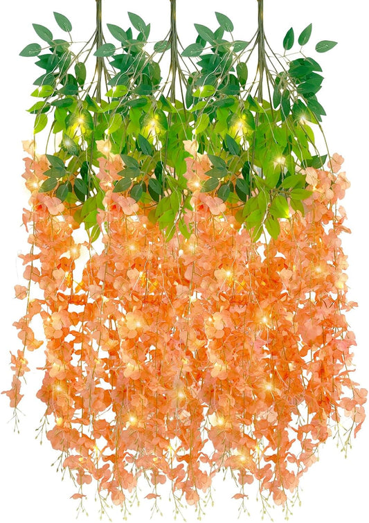 12 Pack Orange Wisteria Hanging Flowers Garland with Lights, 3.44 Feet Artificial Flower Vines, Fake Wisteria, Artificial Vines Hanging Garland for Backdrop Outdoor Patio Garden Decor