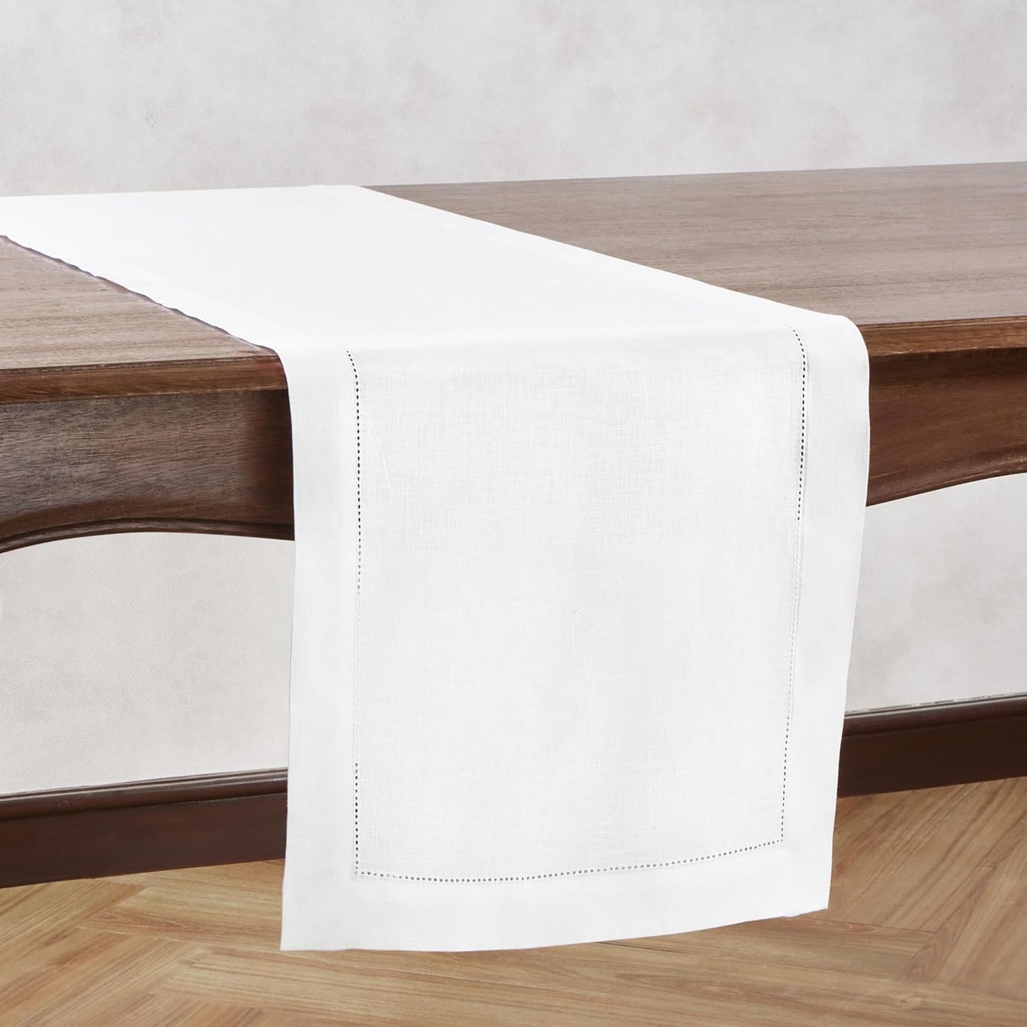 Linen Table Runner 48 inches – 100% Pure Linen Off White Medium Weight Hemstitch Table Runner 14 x 48 Inch – Ideal for Dresser and Coffee Tables, Spring, Summer, Wedding Gift – Azure