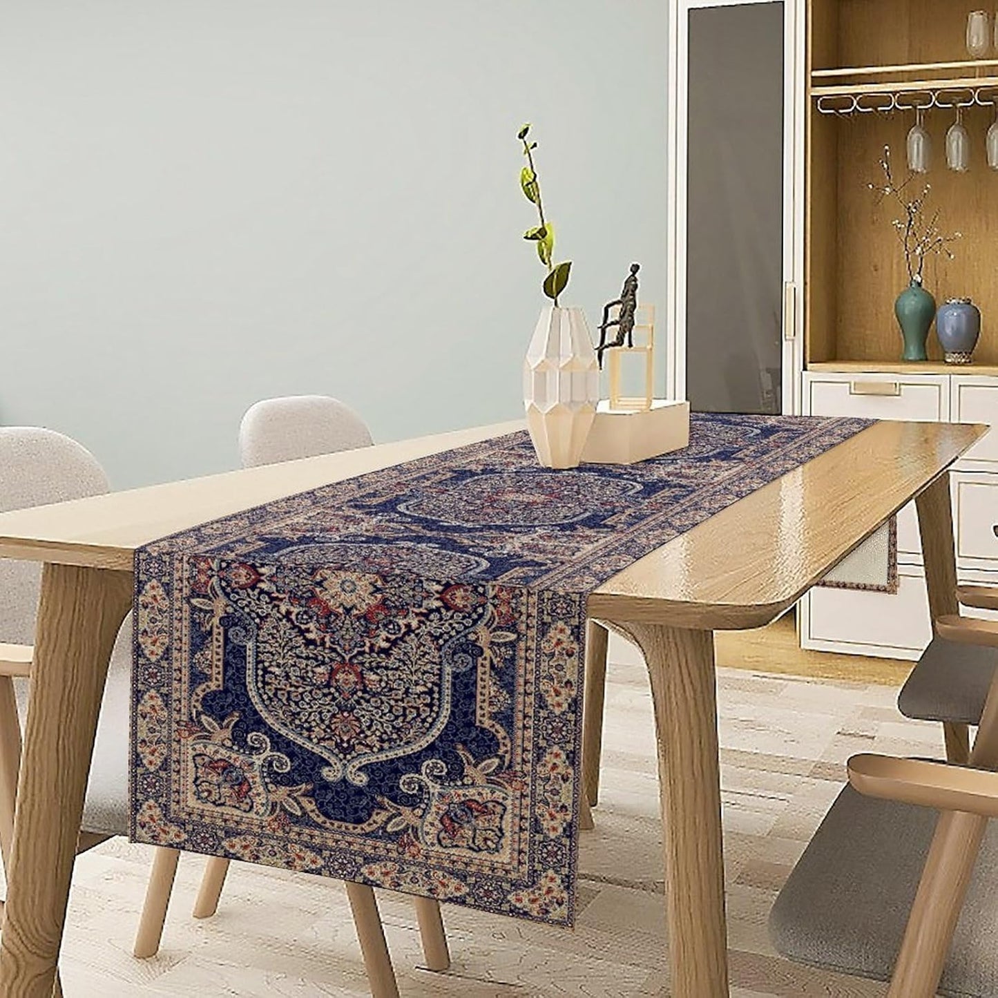 Boho Floral Vintage Table Runner, Blue Purple Retro Flower Rustic Country Farmhouse Pattern for Home Kitchen Table Decor Dining Coffee Room Party Decor 13x90in