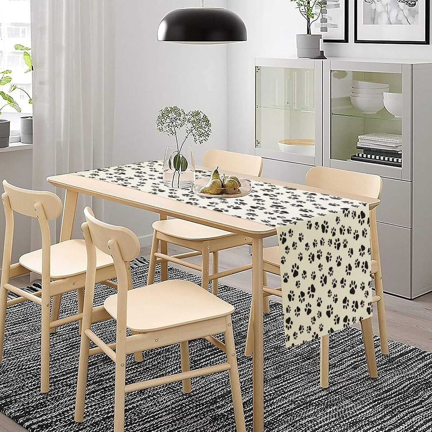 Dog Paws Table Runner,Cartoon Cute Black White Animal Footprints Abstract Tablecloth Burlap for Hotel Indoors Outdoor Dining Room Kitchen Home Decor,W13X L36 in