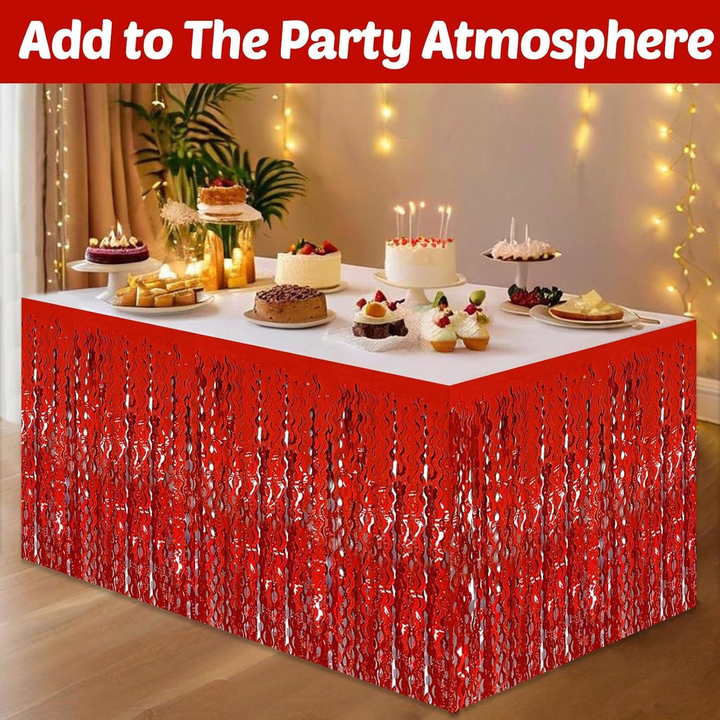 6 Pack 29x108 Inch Red Wave Foil Fringe Table Skirts Metallic Banner for Tinsel Streamer Garland Backdrop for Parade Floats Mother's, Graduate, Mardi Gras, Birthday, Wedding Party Decorations