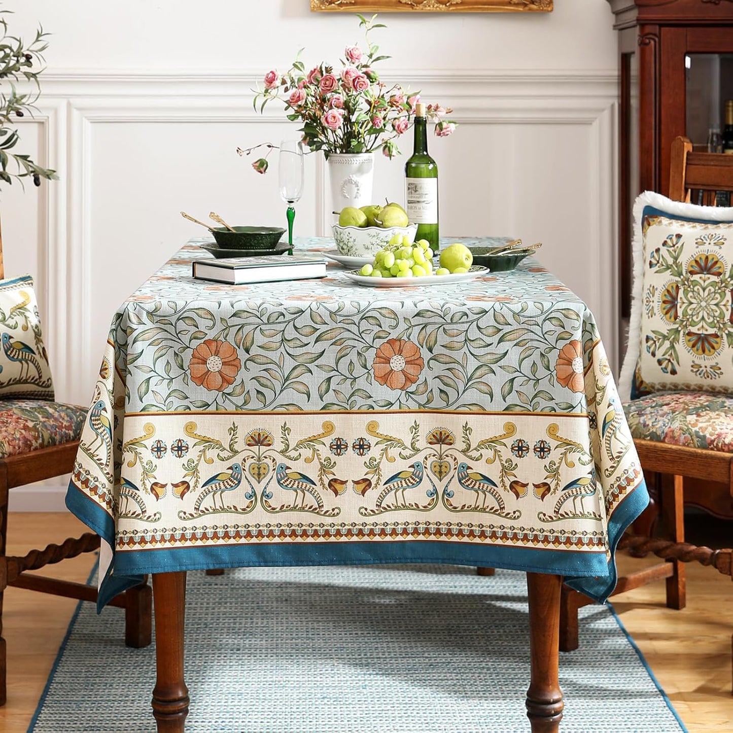 patdrea Designer French Linen Blue Tablecloth for Rectangle Table,Vintage Floral Table Cloth,Colorful Decoration Fall Cover Kitchen Dining for Thanksgiving,Tea Party,Christmas,67"x118"-Wensel