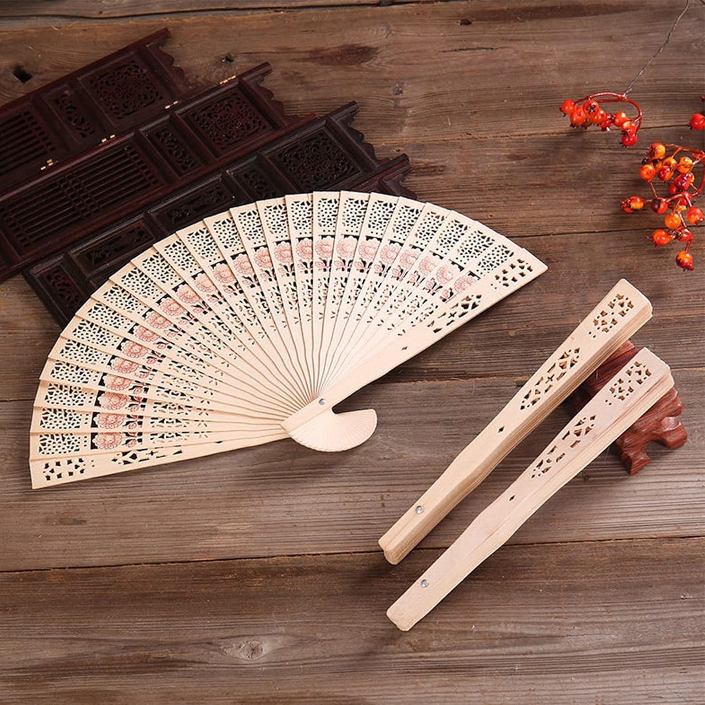 Sandalwood Fan 50 Pcs Hand Fans with 50 Organza Bags Abanicos De Mano Fans for Weddings Hand Fan Foldable Abanicos De Mano Ara Fiesta Wedding Fans for Guests