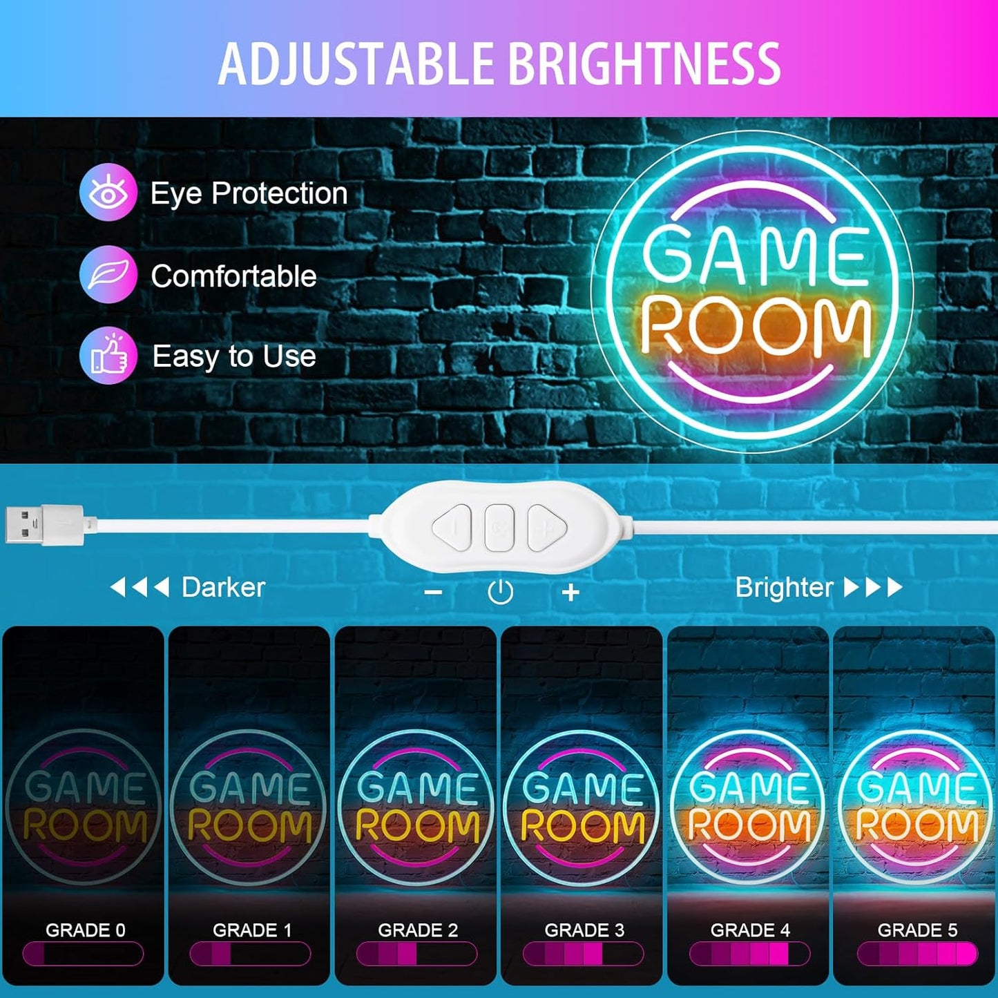 Gamer Neon Sign for Gamer Room Decor, Dimmable Gamer Room Neon Signs for Wall Decor, USB Powered Bright LED Neon Gaming Signs for Boys Room, Gamer Gifts for Teenage Boys, Kids(13.3”x13.3”)