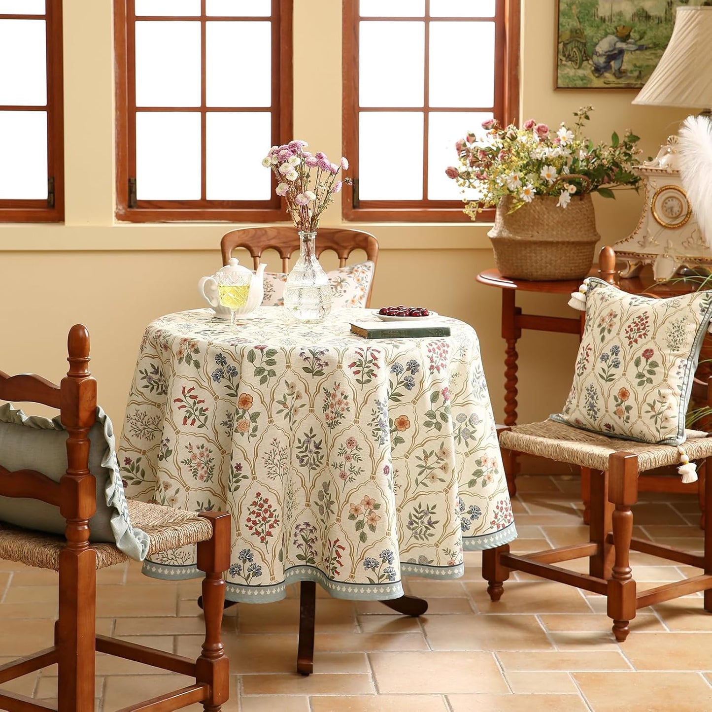 ISAENNE Designer Linen Round Tablecloth,Western Colorful Floral Indoor Table Cloth,Wrinkle Resistant Decor Tablecloths for Dining Thanksgiving Kitchen Christmas,Diameter 67"-Serenity B