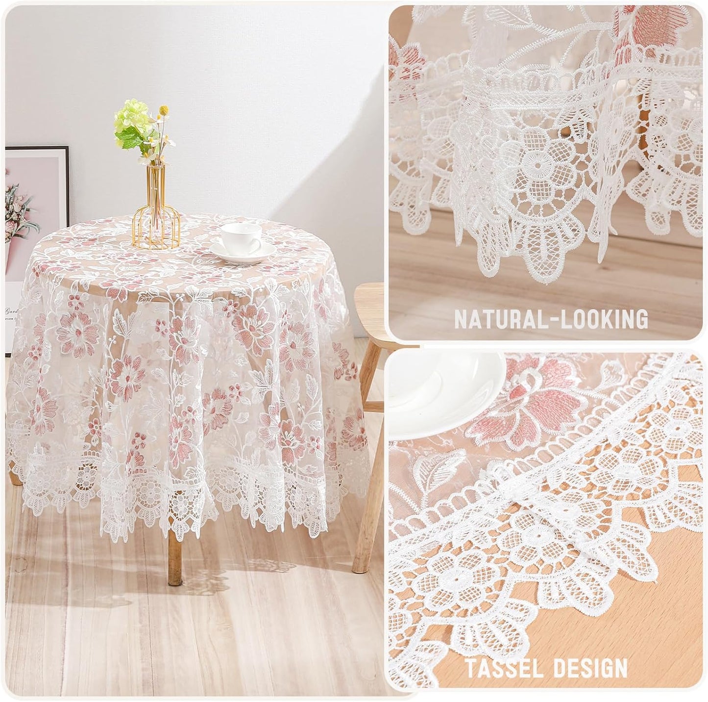 Round Embroidered Lace Tablecloth Vintage Decorative Exquisite Border Table Cover for Party Wedding Home Decorations, Round-60, White