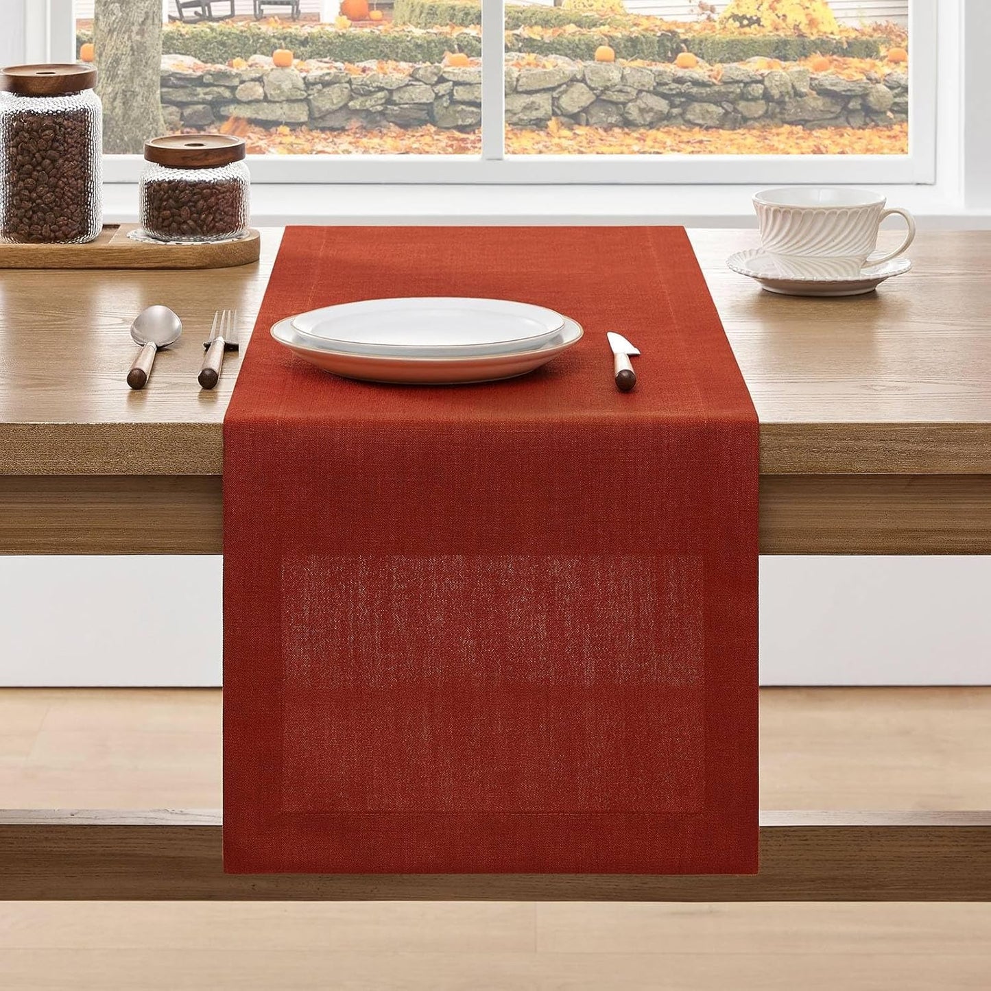 ZeeMart Linen Textured Border Table Runner, 14 x 90 Inch Orange, Farmhouse Style Burnt Orange Fall Table Runners 90 Inches Long, Easy Care Everyday Polyester Table Runner