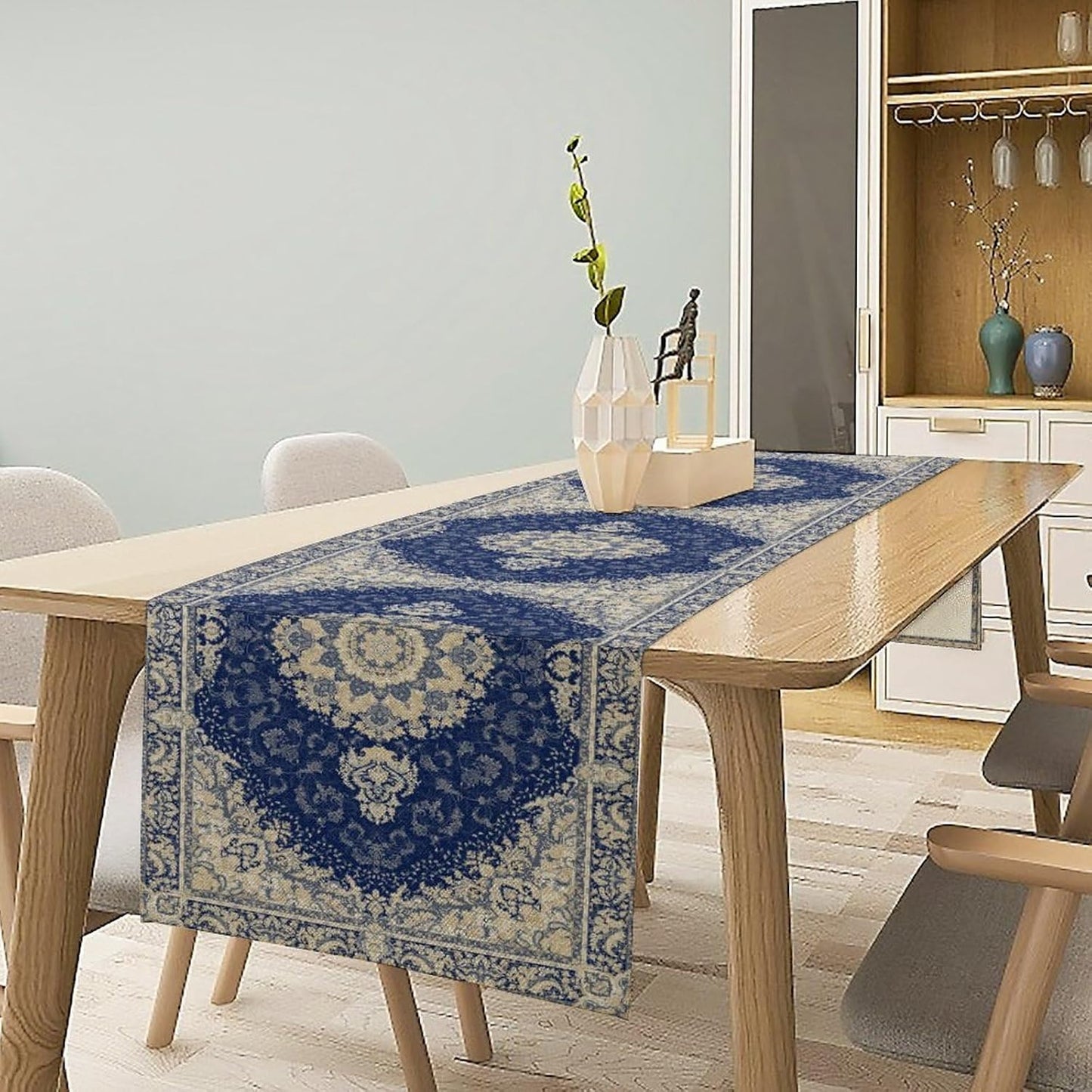 Boho Bohemia Style Dark Blue Table Runner, Country Rustic Farmhouse Magical Abstract Print Pattern for Home Kitchen Table Decor Dining Coffee Room Garden Party Decor 13x60in