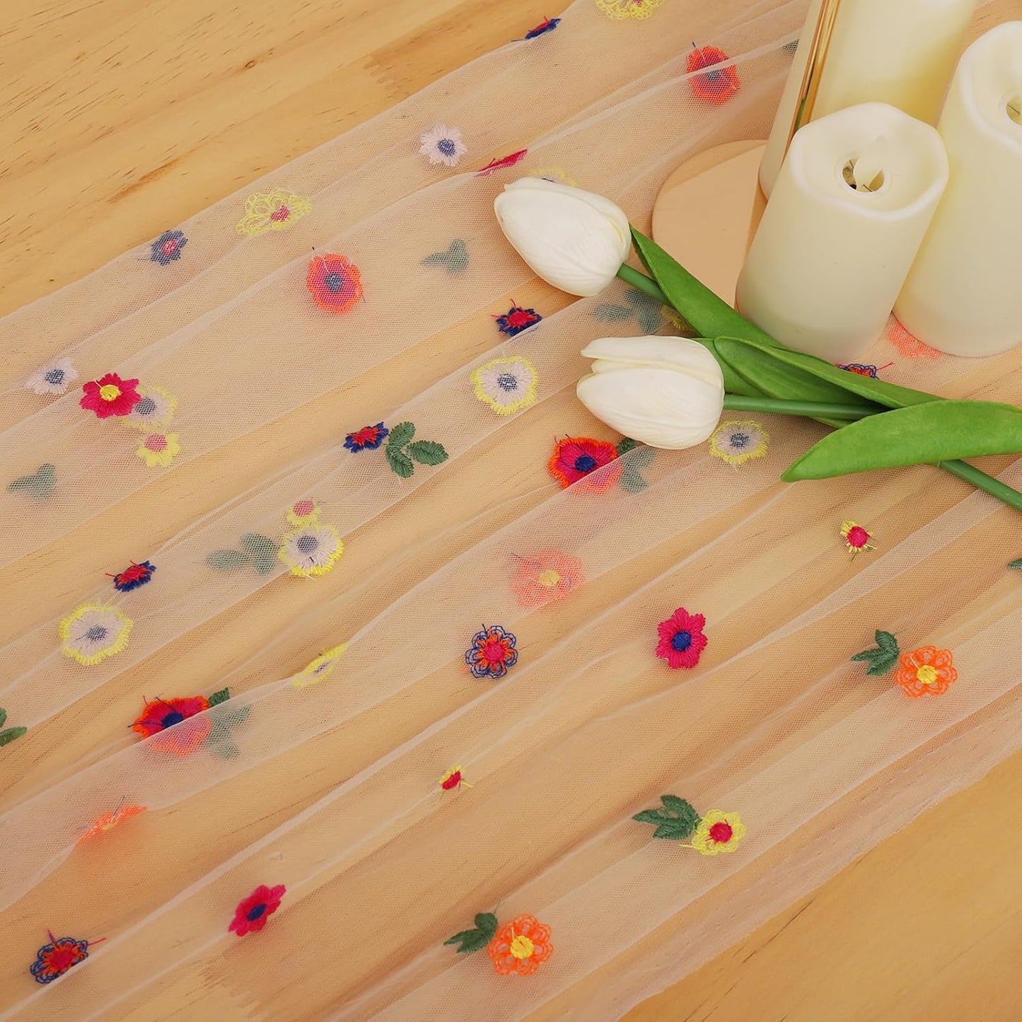 BINBE 6pcs Champagne Daisy Fall Table Runner Embroidery Gauze 10FT Florals Seasonal Tulle Holiday Birthday Kitchen Dining Table Decor for Home Party