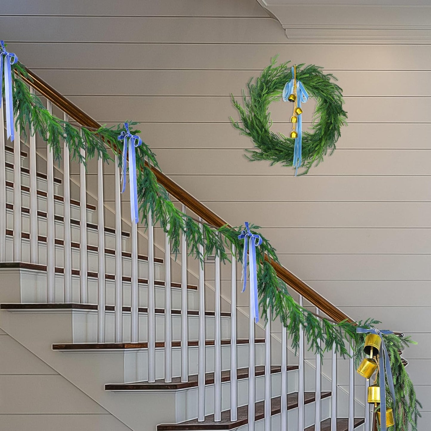 Jutom Christmas Norfolk Pine Garland Realistic Artificial Faux Greenery Cedar Garland for Mantle Holiday Indoor Outdoor Fireplace Winter Christmas Decorations(2 Pcs,9 Feet)