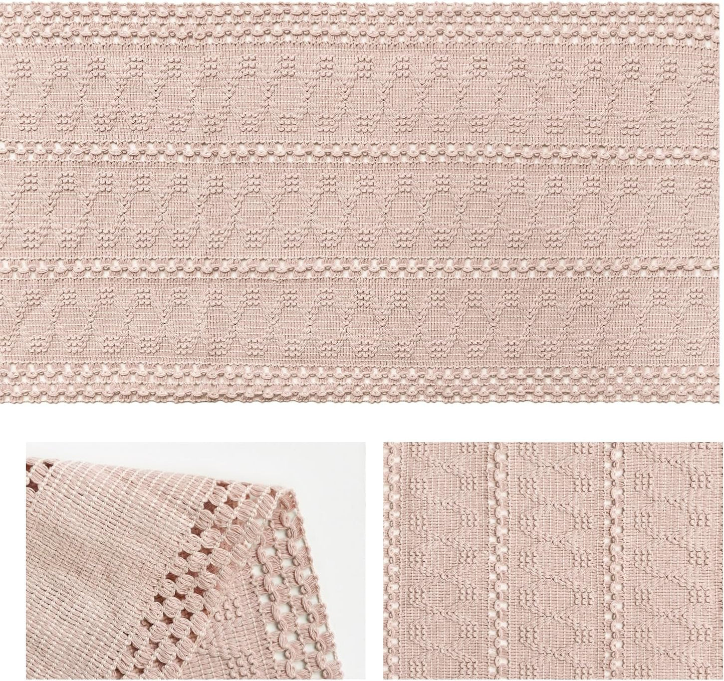 Artoid Mode Pink Farmhouse Woven Rustic Hollow Table Runner, Seasonal Holiday Hollow Kitchen Dining Table Decoration for Home Party Decor 12x60 Inch