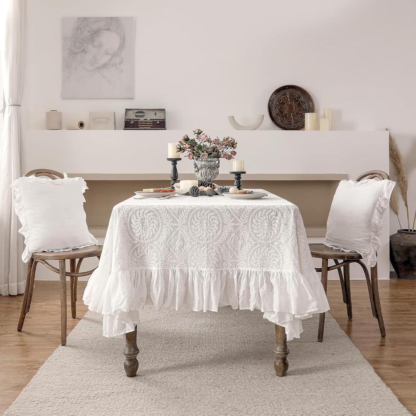 patdrea Vintage Ruffle Tablecloth for Rectangle Tables,Farmhouse Embroidered Cotton White Lace Table Cloth Cover Decor for Dining Room Wedding Banquet Thanksgiving Christmas,67"*114"
