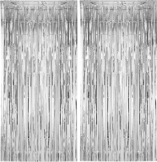 2 Pack Silver Foil Fringe Backdrop Curtains, Tinsel Streamers Birthday Party Decorations, Fringe Backdrop for Graduation, Baby Shower, Gender Reveal, Disco Party