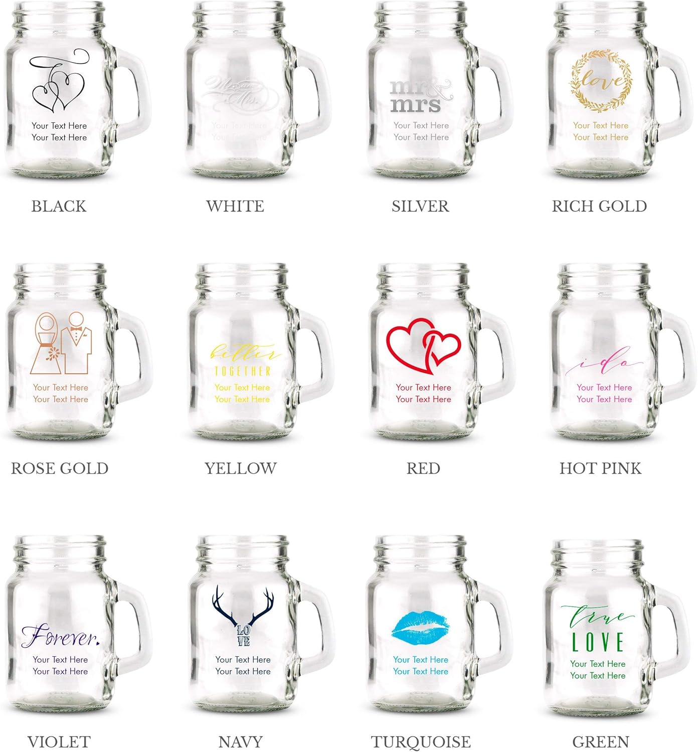 WEDDINGSTAR Personalized 4oz Mini Mason Jar Shot Glass Customizable Full Color Print - 60 pack