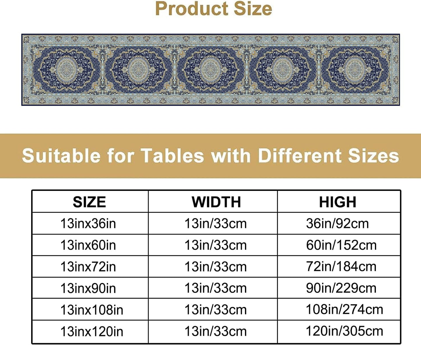 Boho Bohemia Style Blue Teal Table Runner, Country Rustic Farmhouse Magical Abstract Print Pattern for Home Kitchen Table Decor Dining Coffee Room Garden Party Decor 13x108in