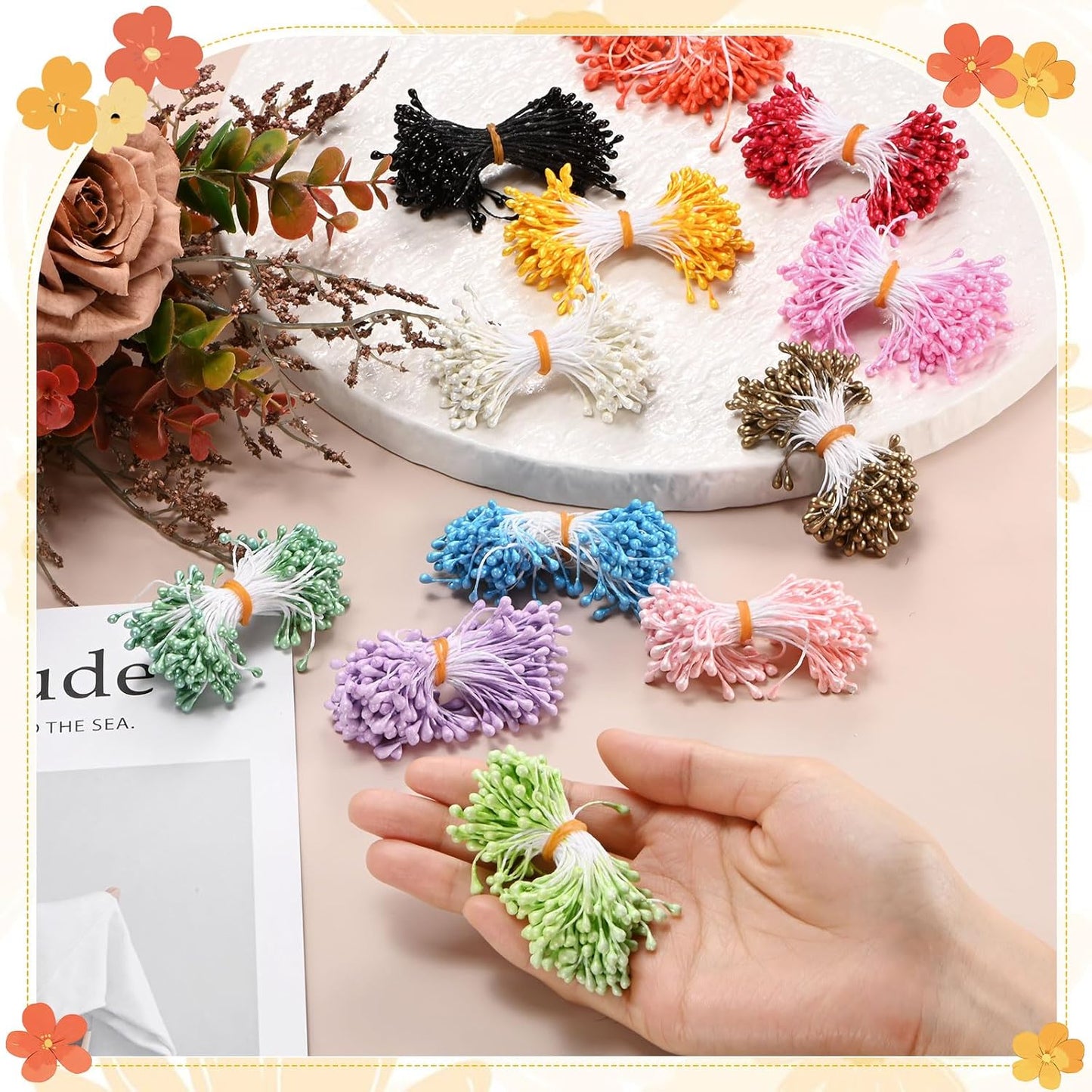 150-Pack Flower Stamens for Crafts, 5mm Double Heads Artificial Pearl Floral Pistil Mini Flower Pollens Stamens for DIY Making/Wedding/Scrapbook Decoration [Peacock Blue]