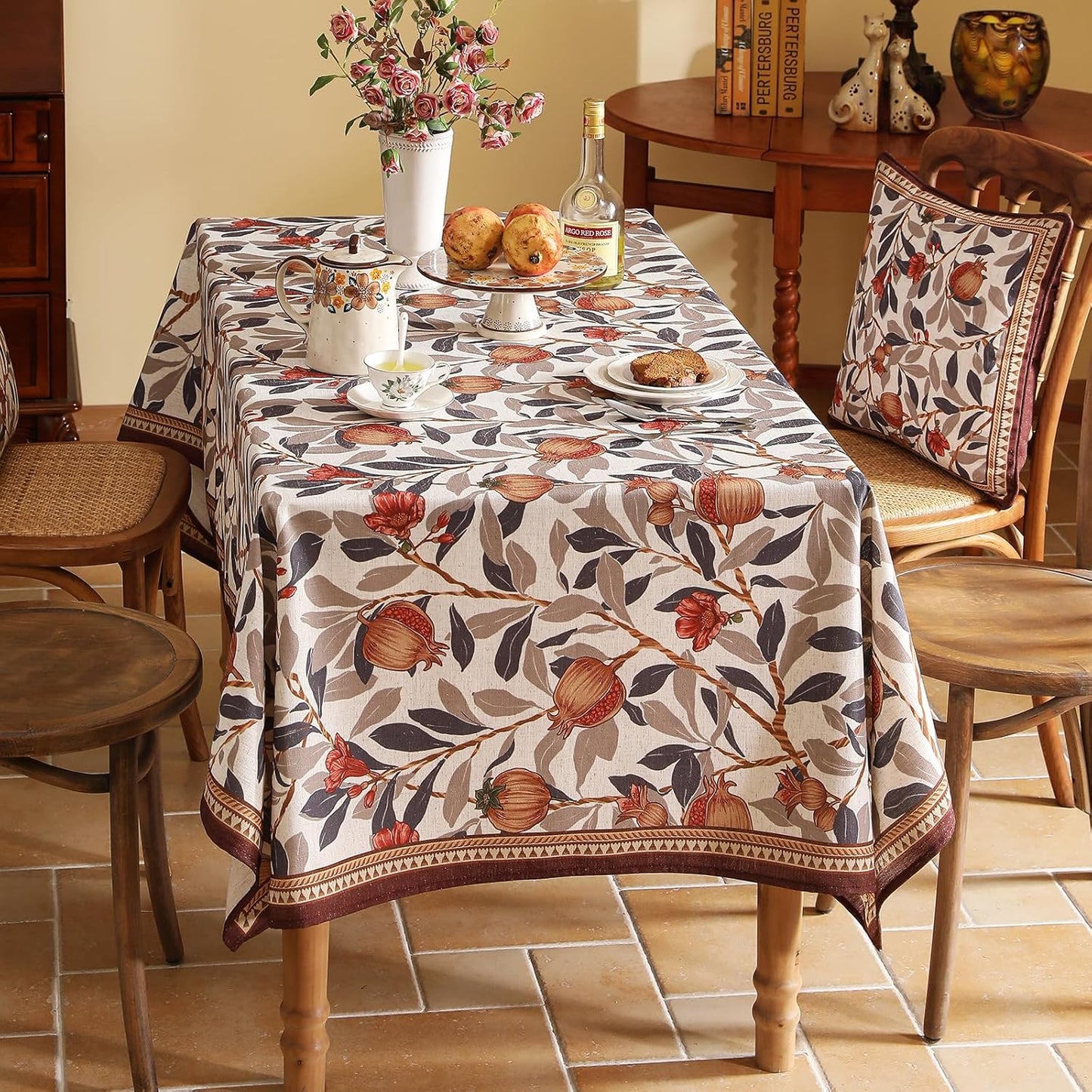 patdrea Designer French Extra Long Rectangle Tablecloth,Vintage Linen Pomegranates Leaves Pattern Tablecloths,Fall Decor Table Cover for Kitchen Dining Christmas,Thanksgiving,67"x118"-Tehran a