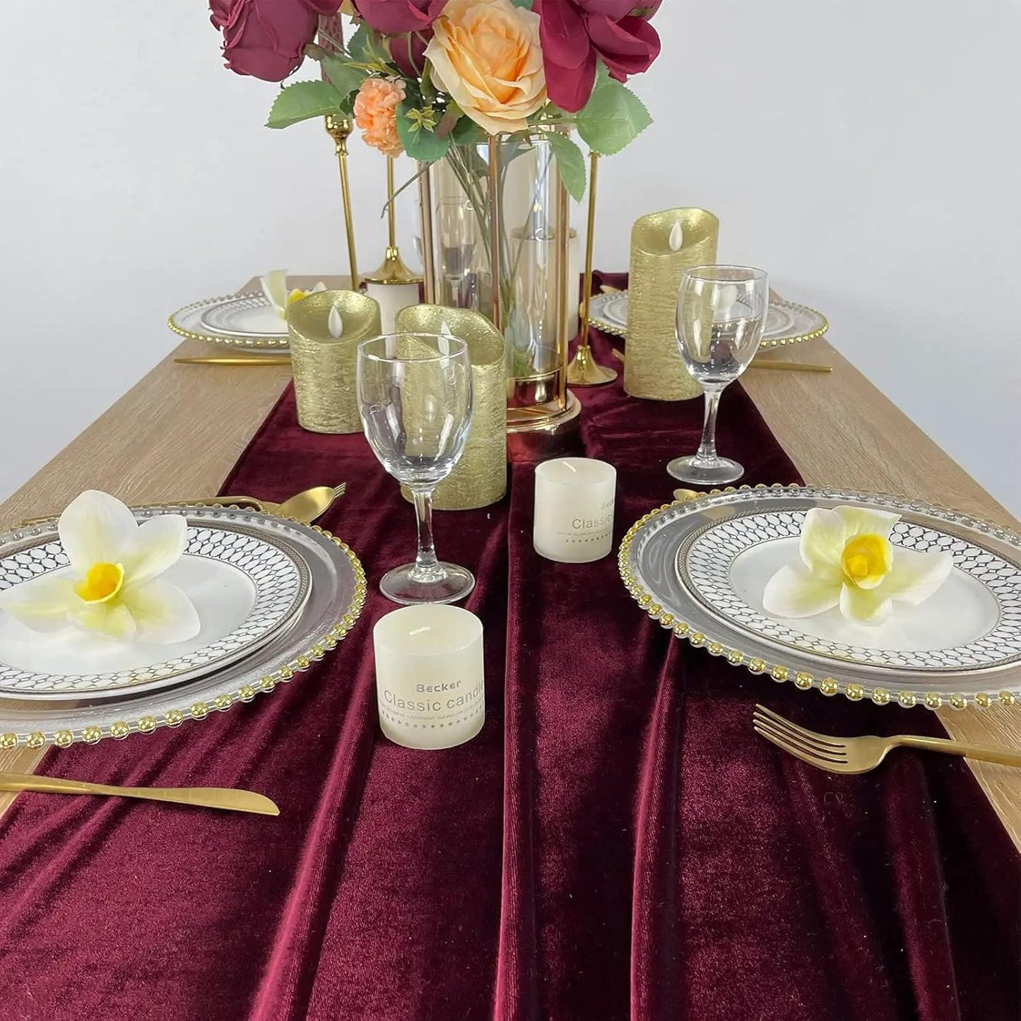 Luxurious Velvet Table Runner, 10ft Wedding Reception Decorations, 20x120inch Soft Velvet Fabric, Table Linen Overlay, Wedding Table Runners (Burgundy, 20X120inch, 5pack)