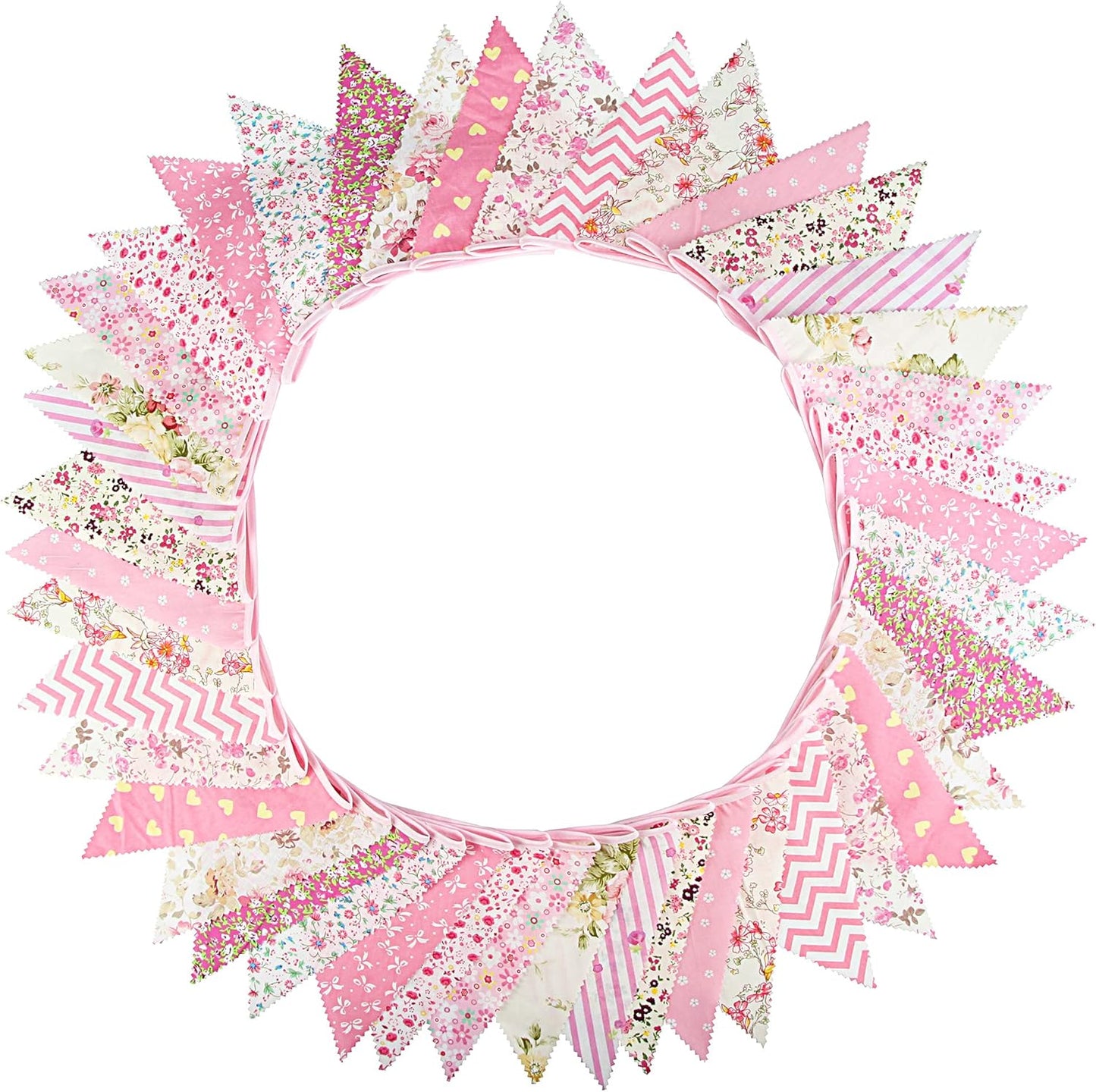 jijAcraft 39Ft Triangle Bunting Banner, 42Pcs Tea Floral Party Bunting Cotton Fabric Flags Pennant Garlands for Birthday Party, Wedding, Baby Shower, Outdoor and Home Decorations (Pink)