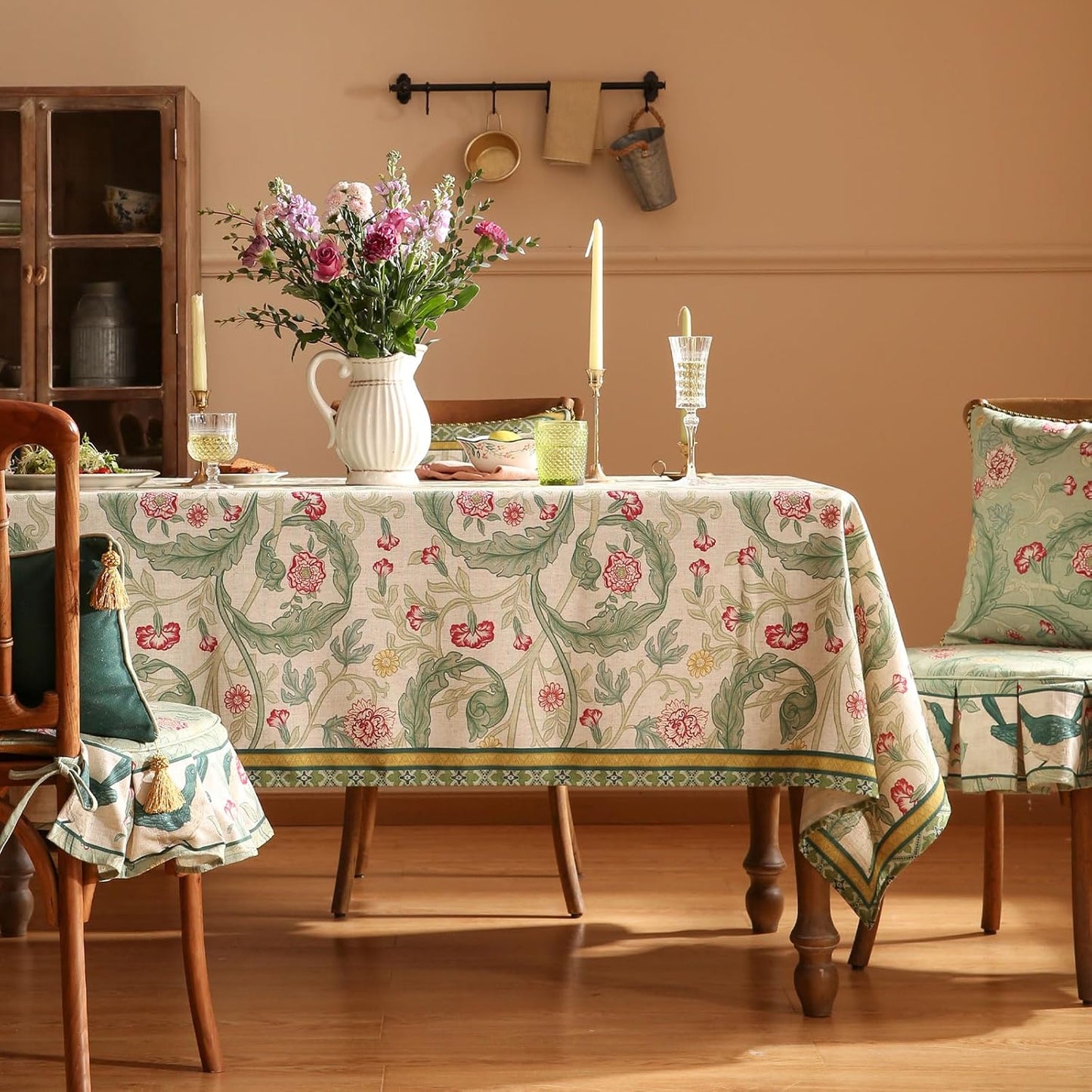 patdrea Designer Green Extra Long Table Cloth for Rectangle Table,Vintage Linen Leaves Pattern Tablecloth,Floral Cover Decor for Kitchen Dining Christmas,Thanksgiving,Tea Party,63"x110"-Cecilia a