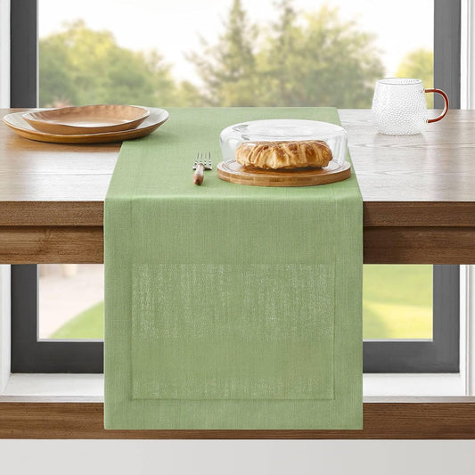 ZeeMart Linen Textured Border Table Runner, 14 x 60 Inch Green, Farmhouse Style Sage Green Table Runners 60 Inches Long, Easy Care Everyday Polyester Table Runner