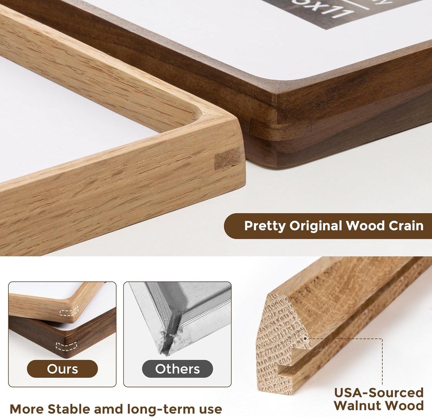 11x14 Wooden Picture Frames USA-Sourced Natural Oak Wood Solid Wood Photo Frame Handcrafted Rounded Corner with Mat to 8x10 Picture Frame Vintage Display with Real Glass Family Picture, Wedding Photo