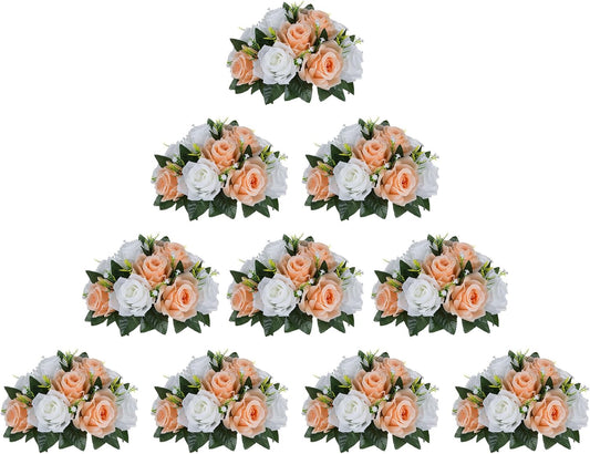 BLOSMON Flower Balls for Wedding Centerpieces: 10pcs Peach Fuzz 9.5 Inch Fake Rose Kissing Ball Decor Artificial Floral Arrangements Silk Bouquet with Base Home Party Room Table DIY Decorations