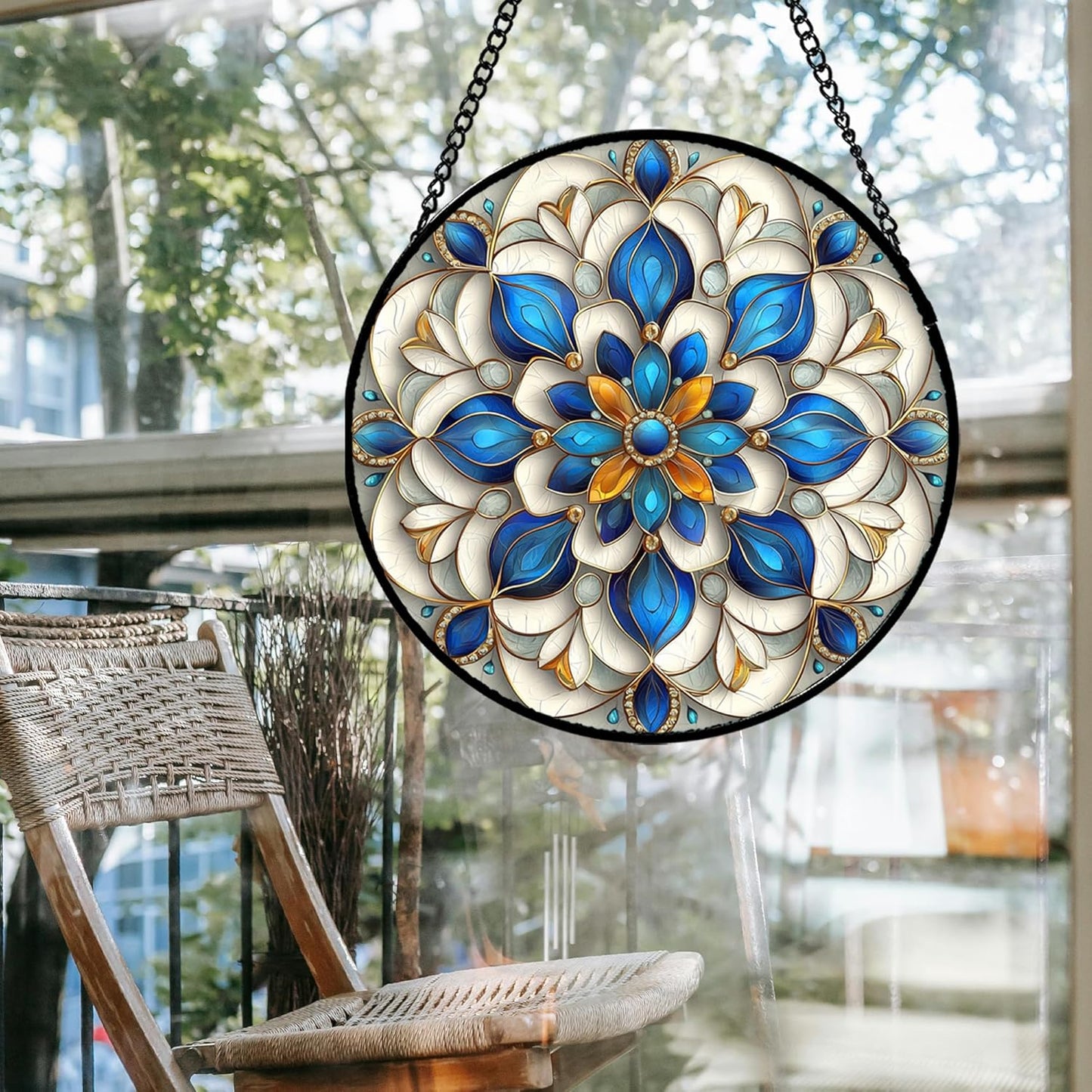 Stained Glass Window Hanging - Blue and White Abstract Flowers Suncatcher for Door Terrace Garden Home Decor, Gold Sun Catcher Birthday Gifts for Lovers Women Men Dad Mom Nana 15 in