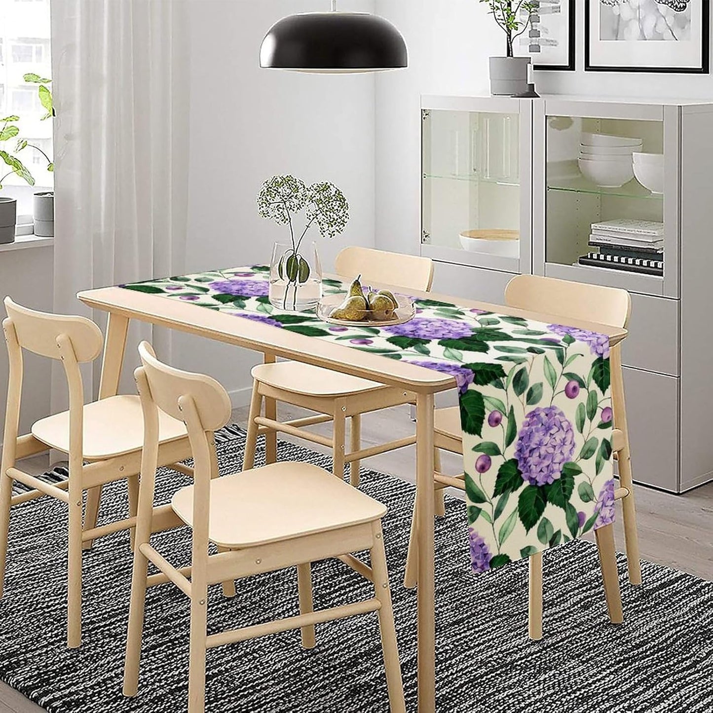 Spring Hydrangea Flower Table Runner, Seasonal Summer Plants Eucalyptus Leaves Purple Florals Dinner Runner for Home Kitchen Dining Table Party Holiday Decoration 13"x36"