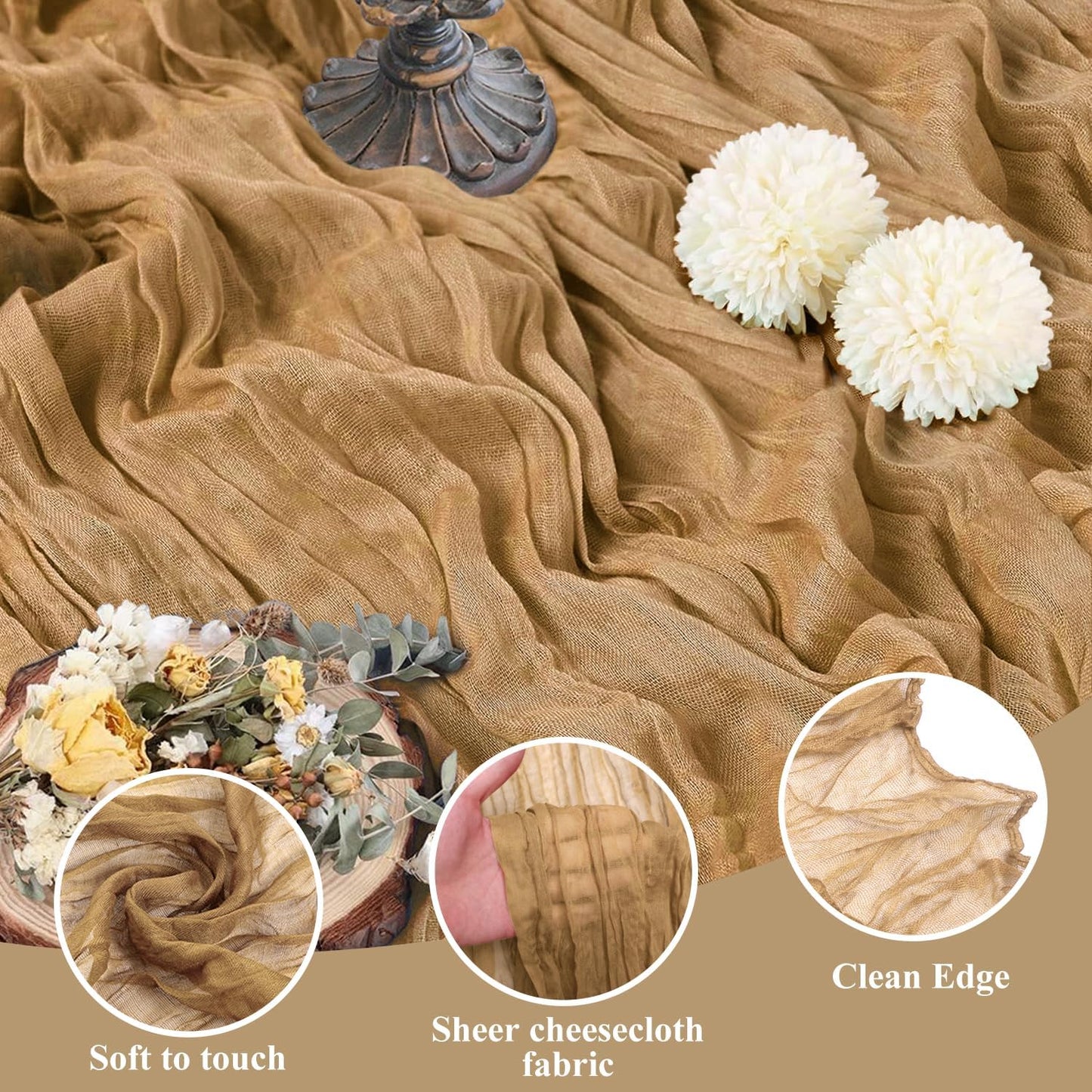 Asee'm 3pcs Cheesecloth Table Runner 120 Inches Long Khaki Boho Gauze Cheese Cloth Runner 10FT Rustic Sheer Table Runners for Christmas Wedding Party Baby Shower Spring Easter Decoration